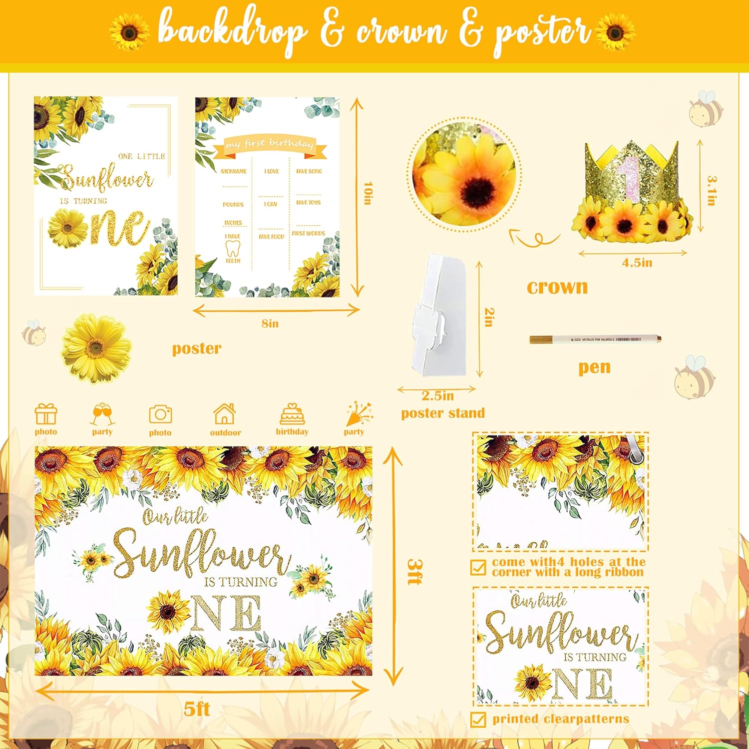 174pcs Sunflower 1st Birthday Party Decorations, Sunshine First Birthday Supplies Décor Kit, Sunflower Balloon Backdrop Banner Cake Cupcake Topper Crown for Yellow Sunflower 1st Birthday Party