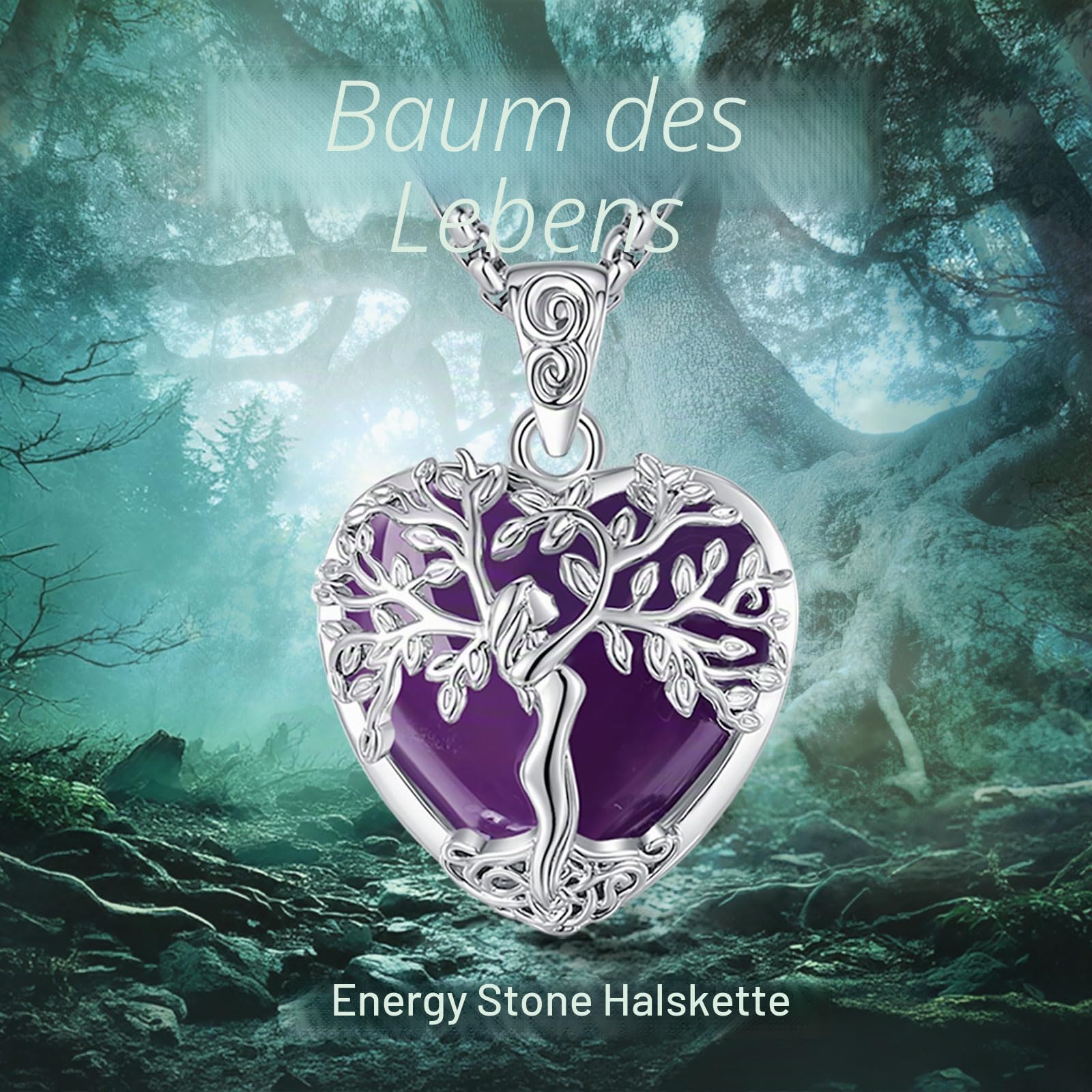 Lebensbaum Kette mit Kristall für Damen, Baum des Lebens Halskette Anhänger mit Kristall Heilsteine Amethyst Mondstein Obsidian Türkis Malachit Schmuck Geschenk für Frauen Dame