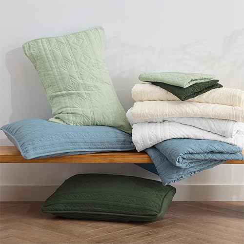 Miniatura 5 de Bedsure Colcha bohemia tamaño Queen colcha ligera tamaño Queen con patrón geométrico de costura, juego de ropa de cama suave blanco con 2 fundas de