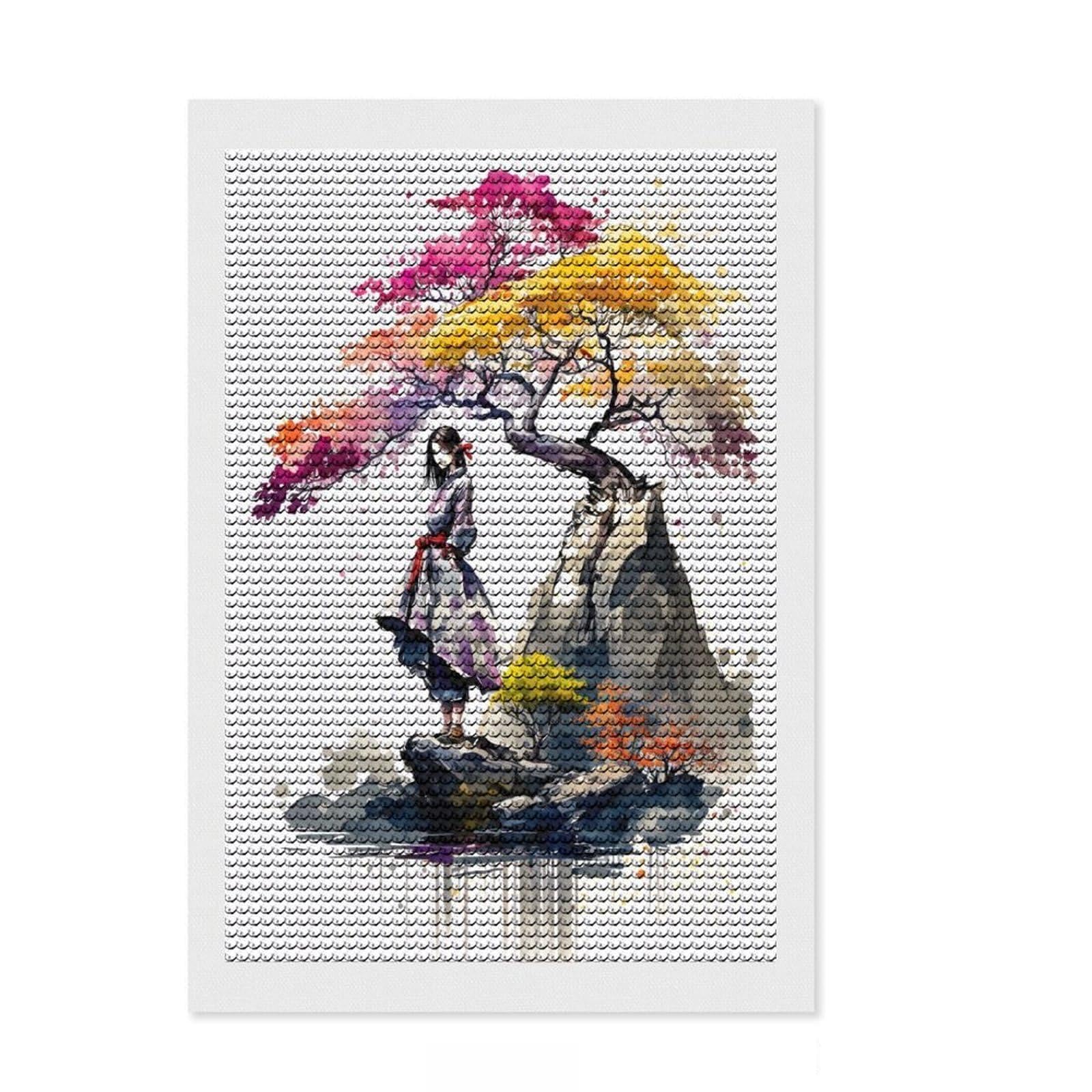 Junmoney Cherry Blossoms 4 DIY Diamond Art Canvas Kit 8"x12", Office Decor, for Beginners, Relaxing DIY Hobby, Festive Craft Gift