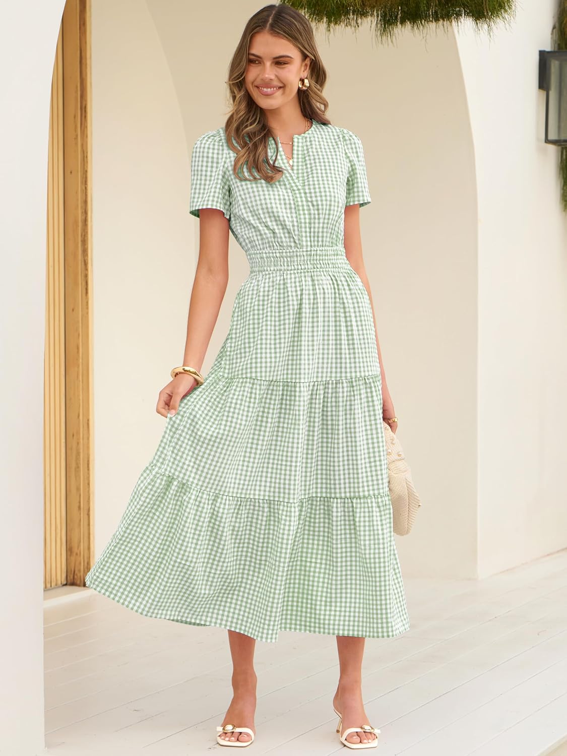 Caracilia Womens Summer Maxi Dresses 2026 Spring Casual V Neck Short Sleeve Gingham Flowy A-Line Beach Vacation Party Dress