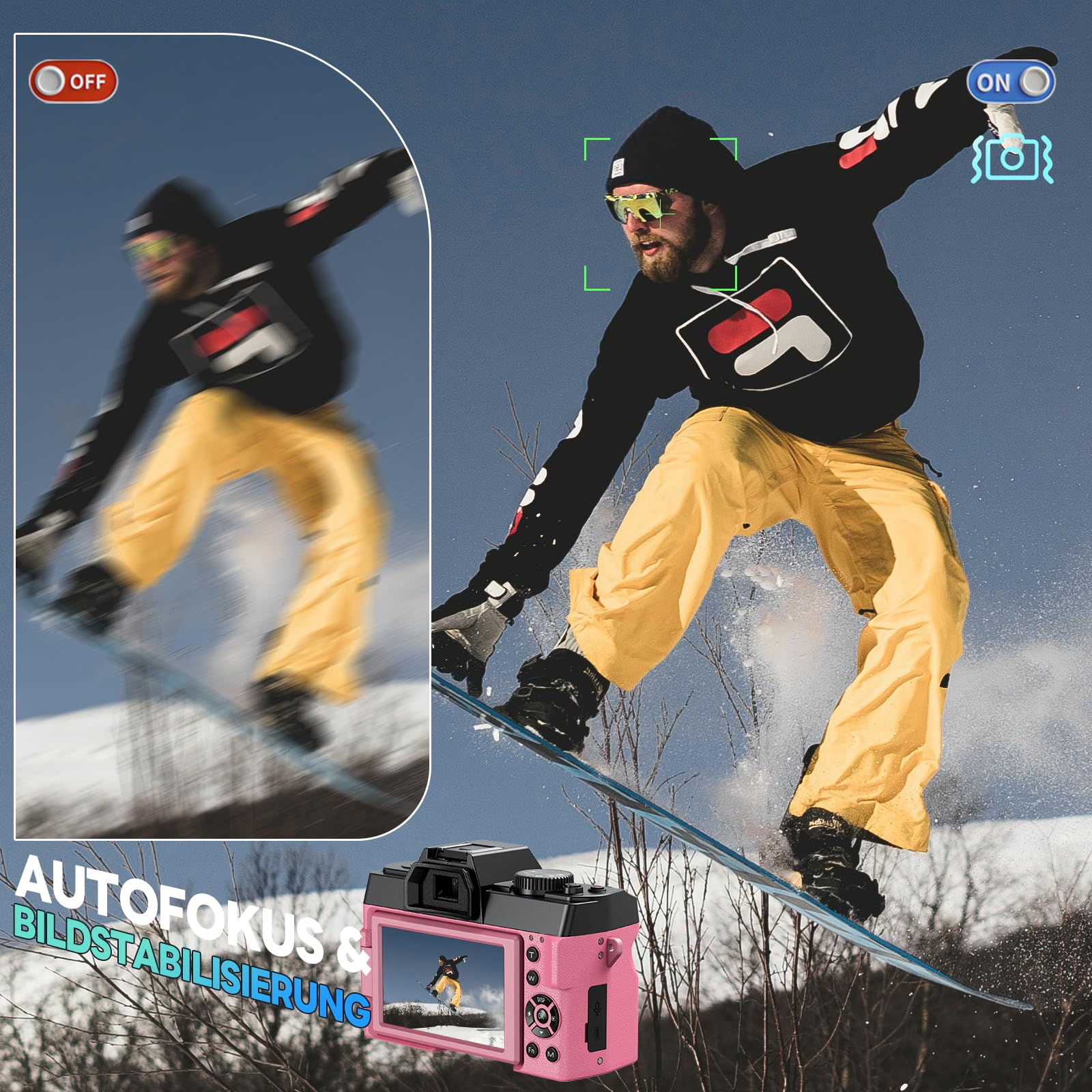 NBD 8K Digitalkamera 64MP Autofokus 16X Zoom 3" 180° Klappdisplay WiFi Weitwinkel Makro Linse 2 Akkus 64GB Karte Mikrofon Rosa