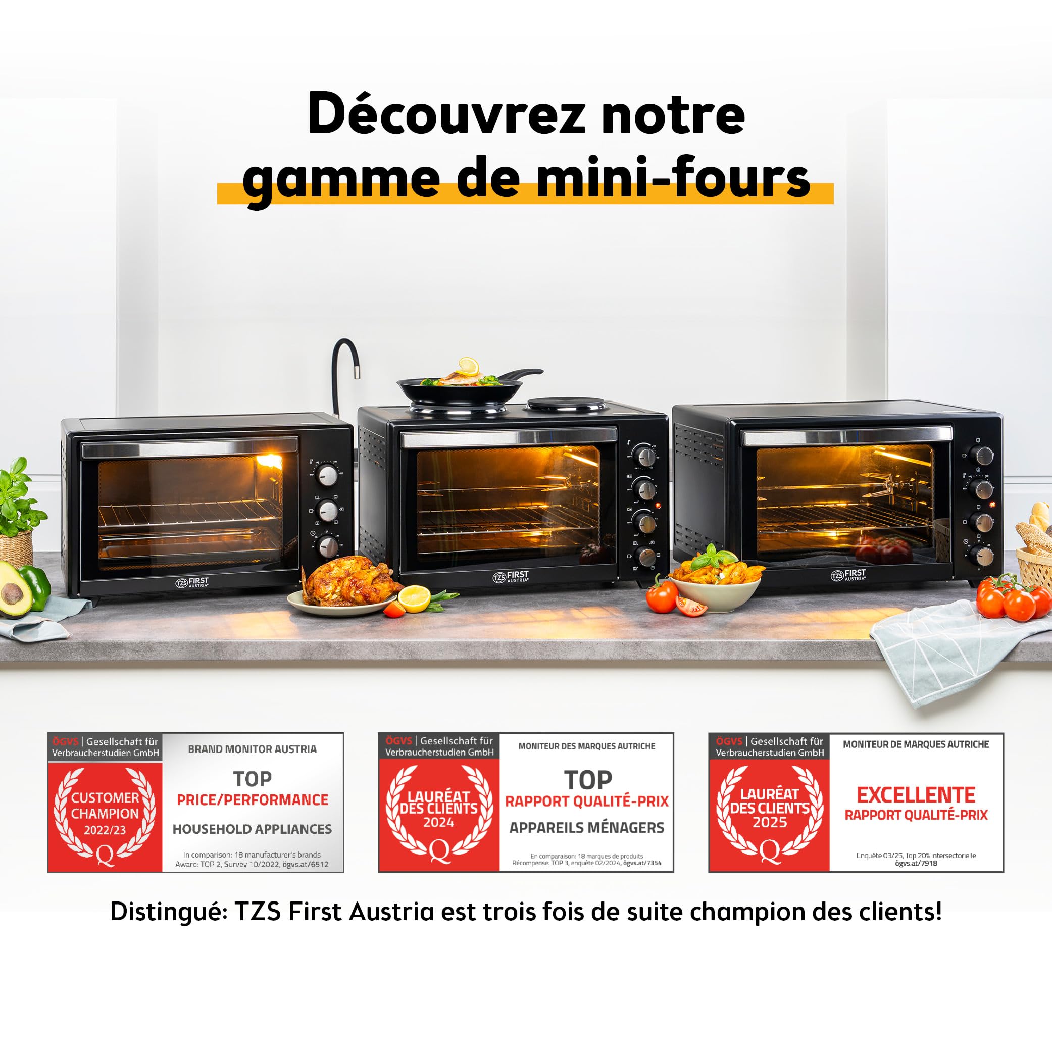 TZS First Austria – Mini-Four 45L 2000W digital – Revêtement Premium-X, Température jusqu'à 230°C & 4 Niveaux – Minuteur 180 Min & 8 Modes – Inclus Tournebroche – Pour Petites Cuisines & Camping