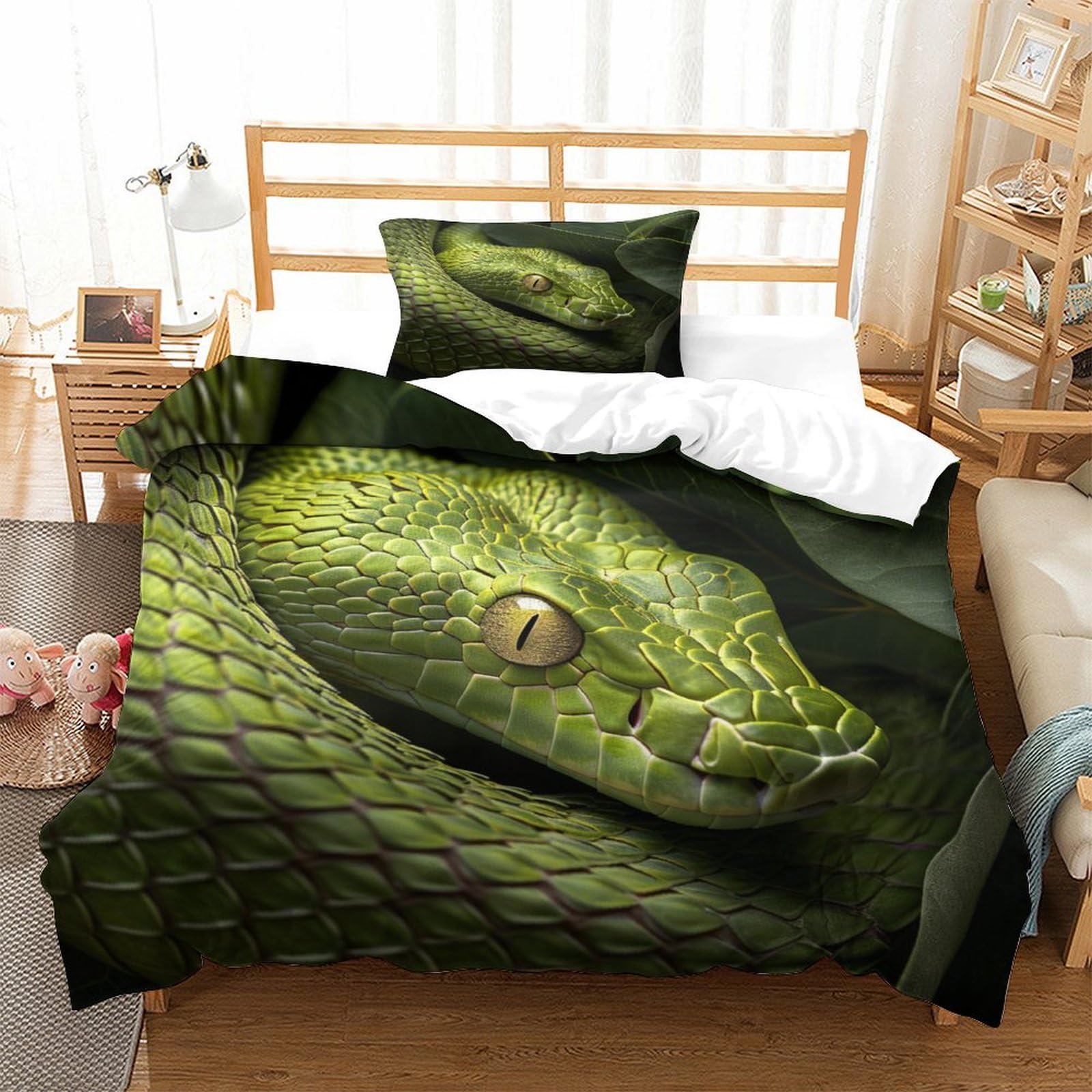 P1S9U7W5Y 3D Printed Realistic Snake Duvet Cover Set 3pcs Microfiber Green Snake Skin Bedding Set Single（135x200cm）