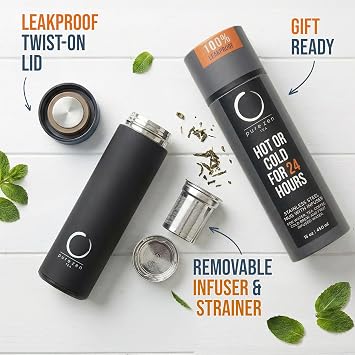 Pure Zen Tea Insulated Tea Infuser Bottle, 15 oz, Tea Thermos with Infuser