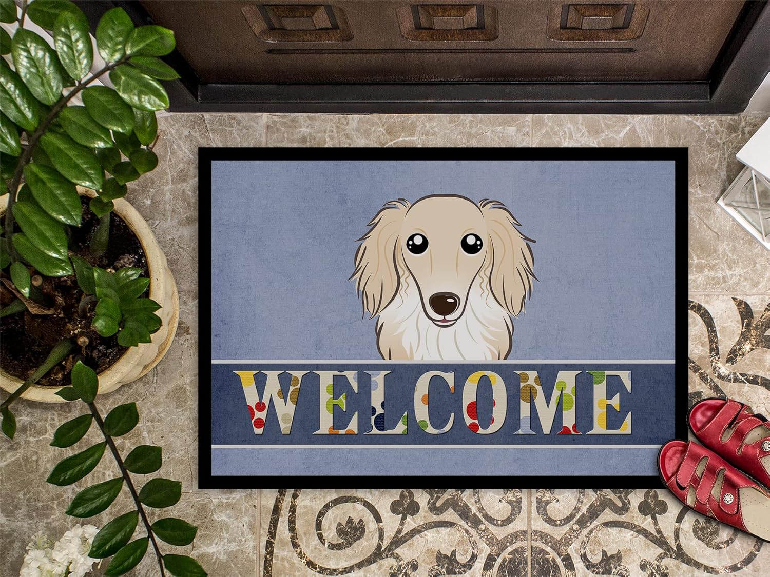 Caroline's Treasures BB1398JMAT Longhair Creme Dachshund Welcome Doormat 24x36, Blue Front Door Mat Indoor Outdoor Rugs for Entryway, Non Slip Washable Low Pile, 24H X 36W