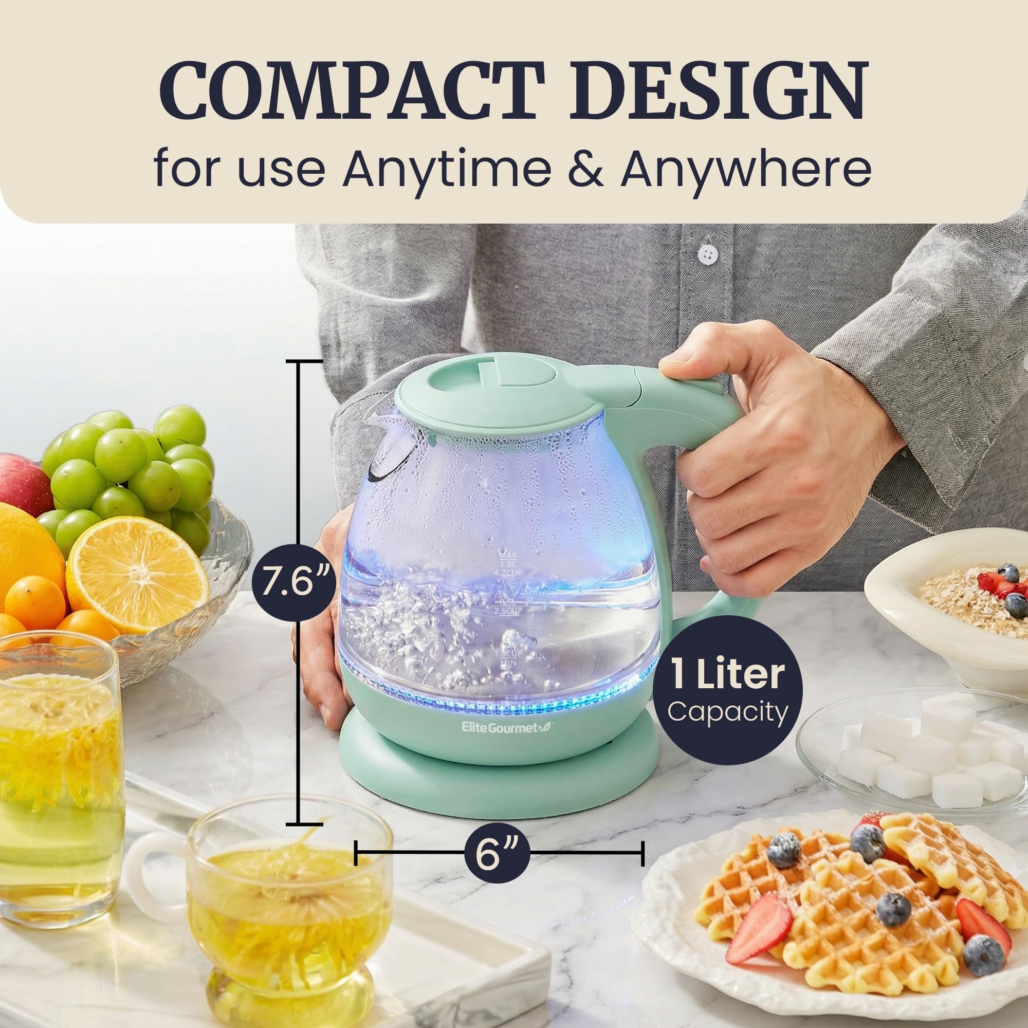 Elite Gourmet - Hervidor de agua eléctrico de vidrio de 1 litro, sin BPA, ebullición rápida, apagado automático, protección contra ebullición, base giratoria de 360° con servicio inalámbrico, marcas