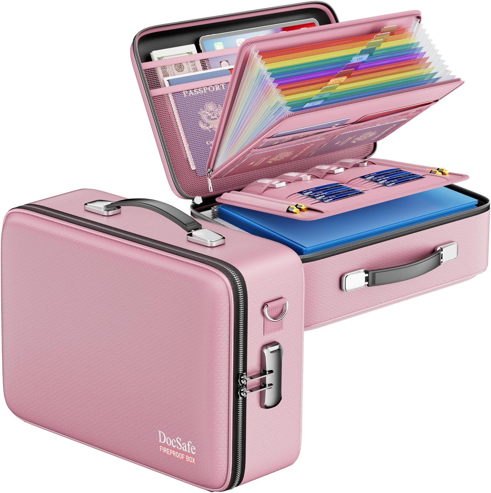 DocSafe Fireproof Document Box with Lock, Hard Case File Organizer with Accordion File Folder, Fireproof Water Resistant Safe Box Home Office Travel Storage for Important Documents Laptop Pink