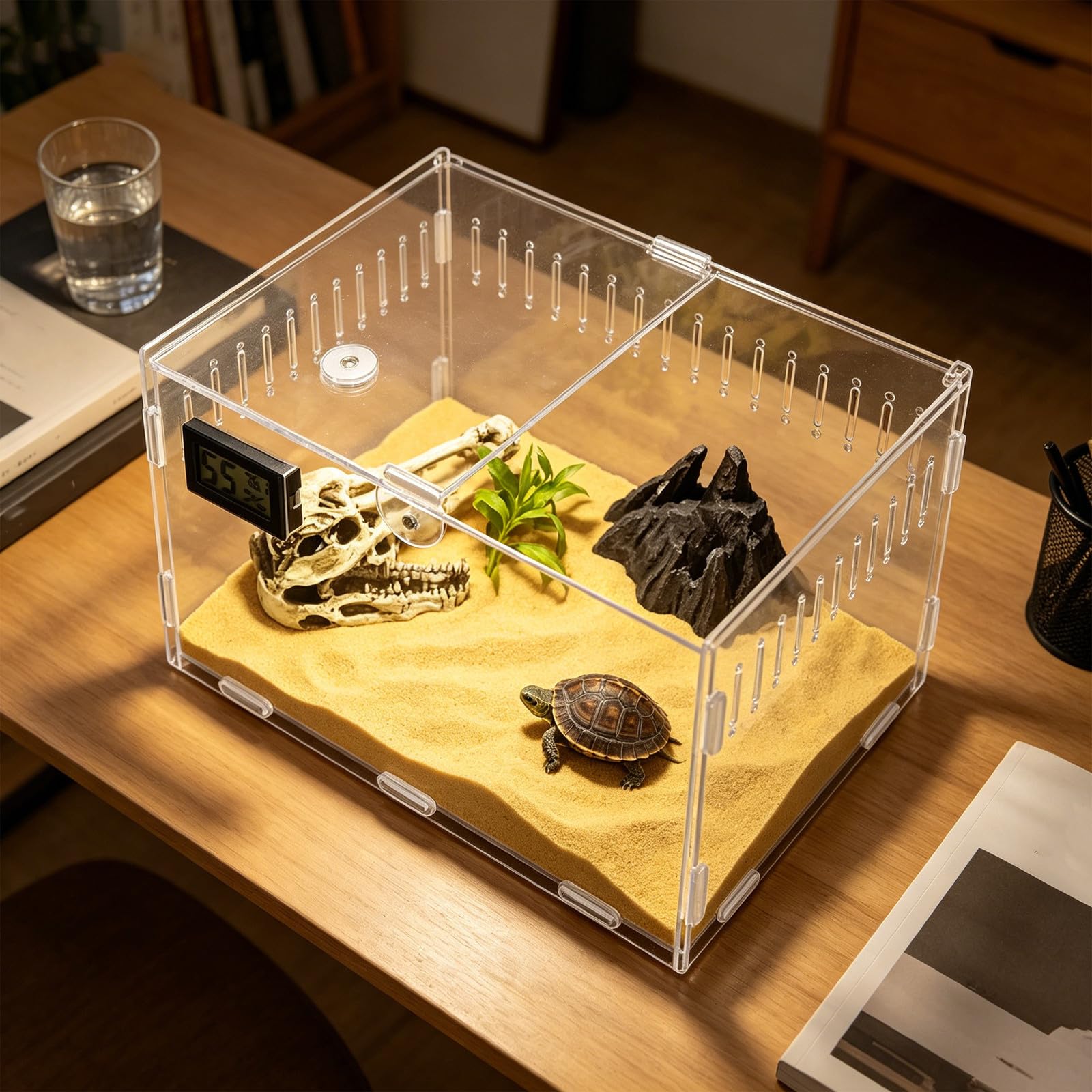 GALPADA Terrario Ventilazione Ampia per Rettili in Acrilico Trasparente 360° con Igrometro Digitale e Termometro Adatto per Gechi Leopardo e Ragni per Allevatori di Animali Domestici