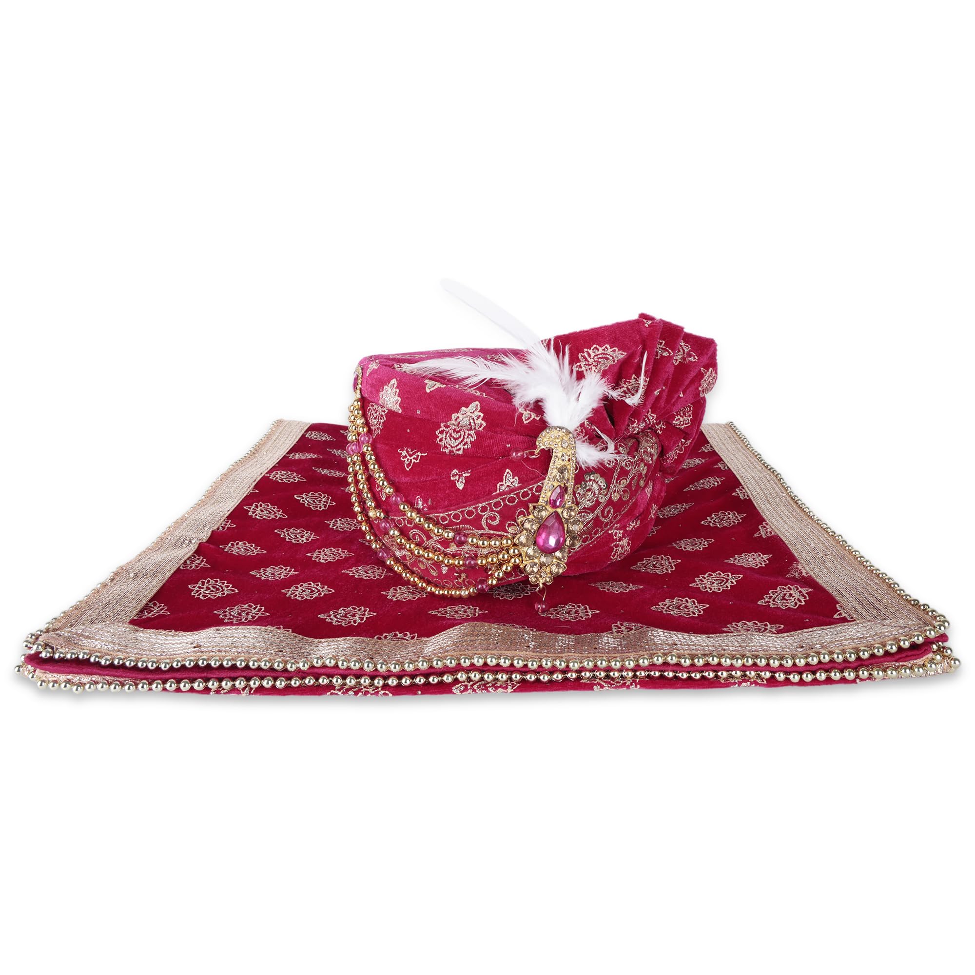 Men Cotton Blend Printed Groom's Safa Shawl Stole Set, Wedding Safa/Turban with Stole, Embroidered Turban Sehra with Stall (Pink)-image-49