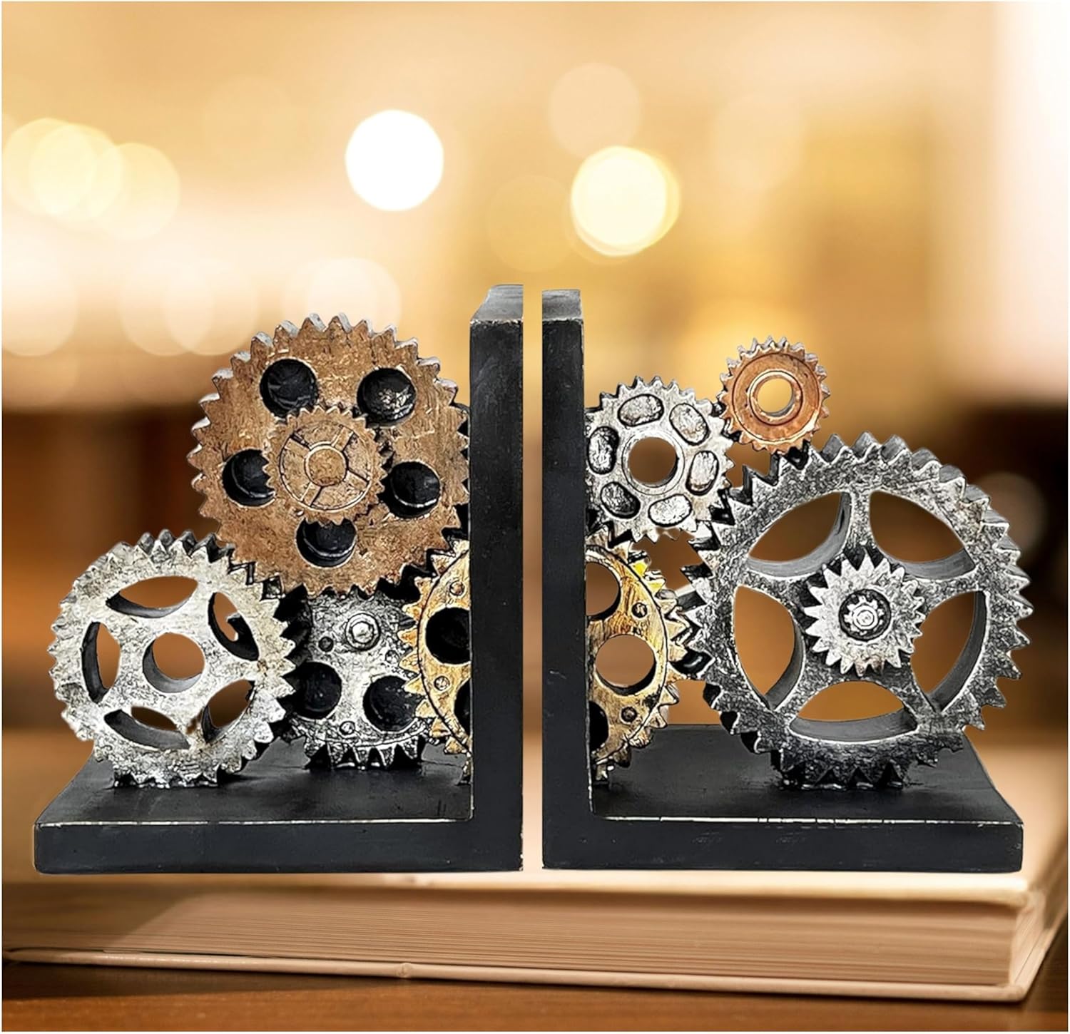 Bellaa 20881 Sujetalibros decorativos para libros de engranajes, tapones, soporte antideslizante para extremos pesados, soportes vintage