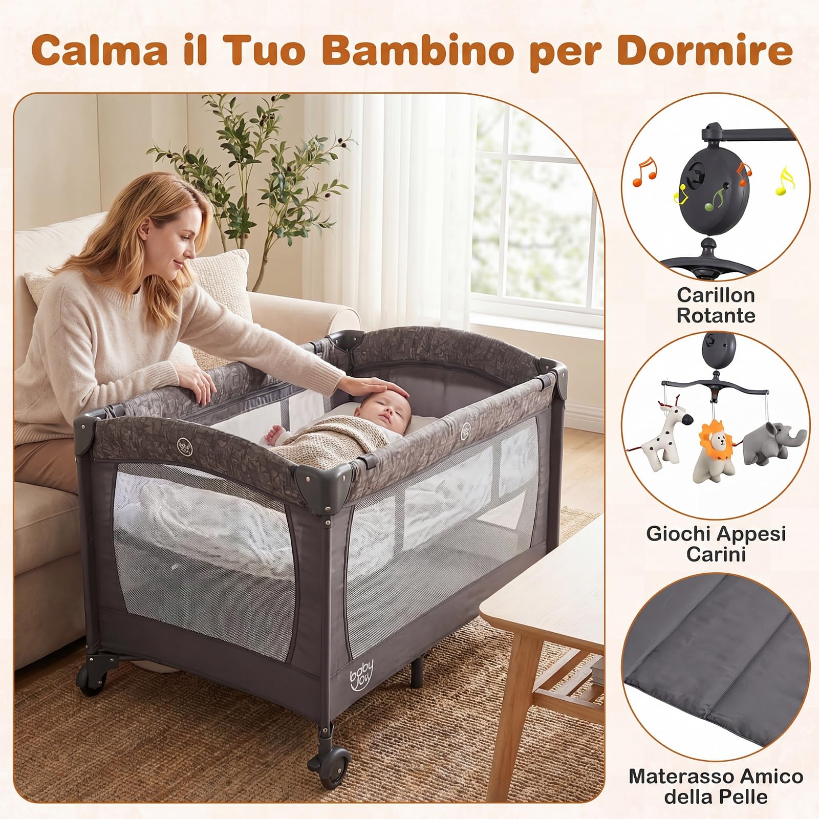 COSTWAY 4 in 1 Culla Co-sleeping Pieghevole per Neonato, 0-3 Anni | Lettino da Campeggio per Bambini con Ruote, Fasciatoio e Meterasso Rimovibile, Carillon e Giocattoli, Altezza Regolabile
