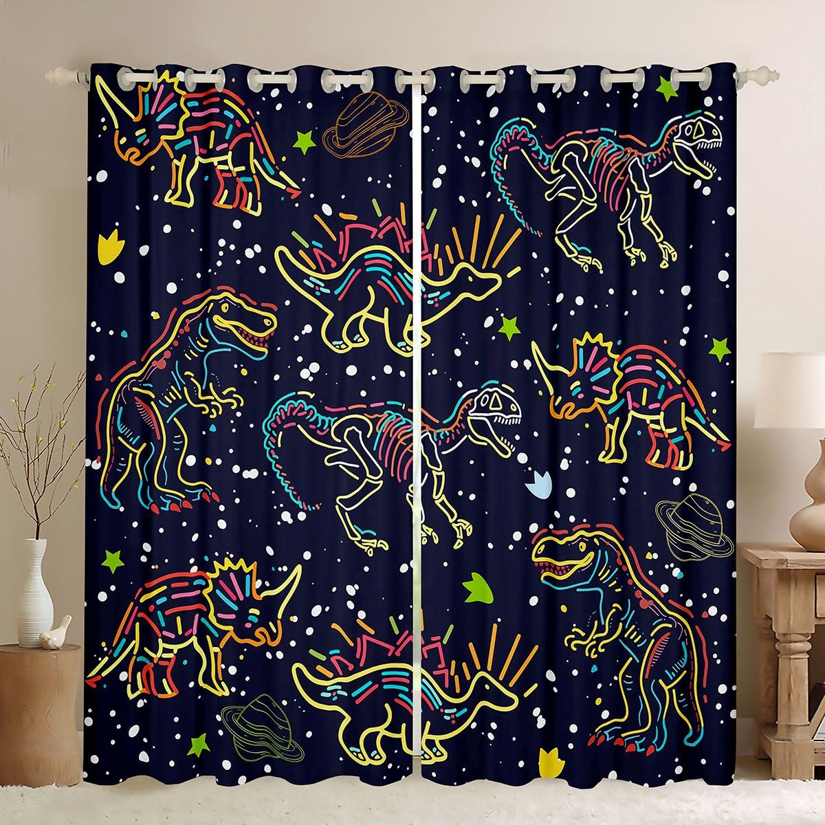 Homewish Rideau Occultant 117x183 cm Dinosaur,Rideau Ancient Animal,Rideaux Voilage Enfants Adolescents Mignon Neon Dinosaur,Voilage Fenetre Fluorescence Gradation pour Chambre Salon