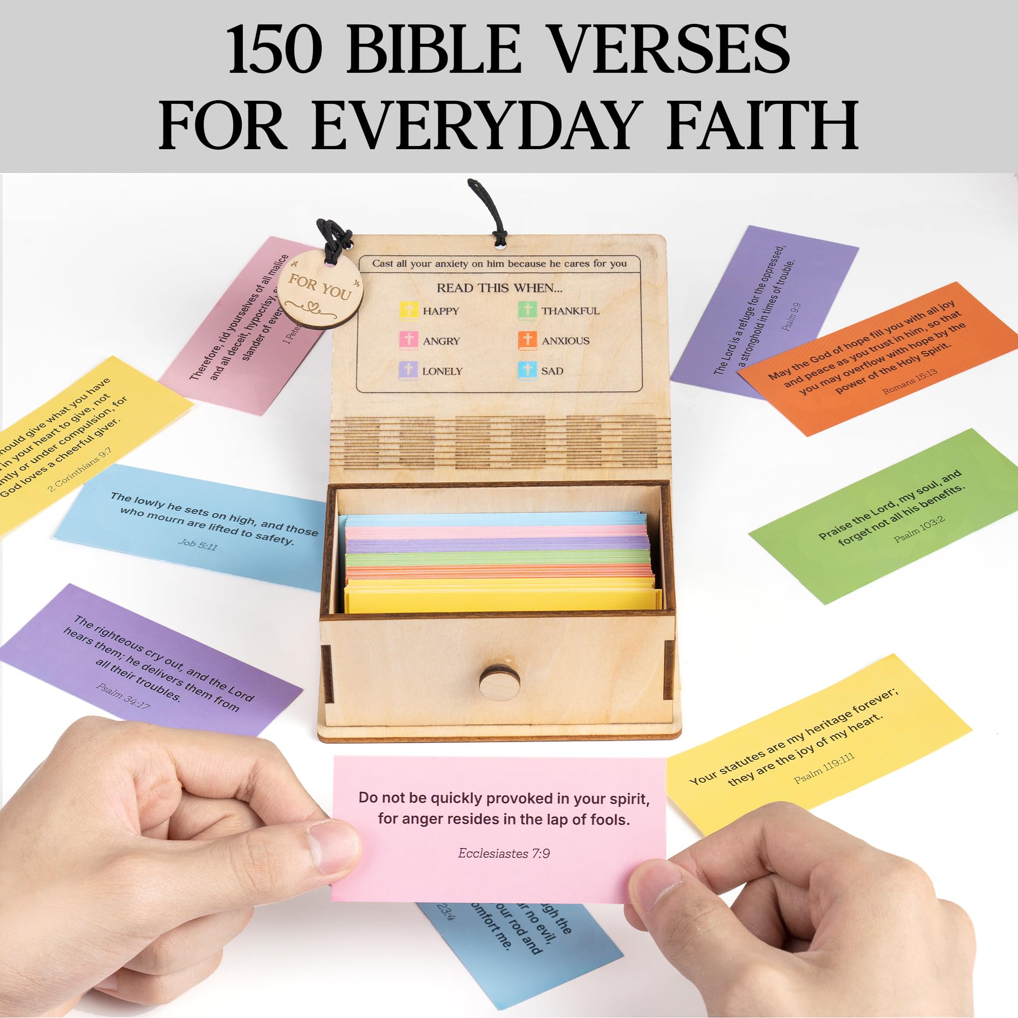150 Emotion Bible Verse Cards in Wooden Box Handmade, Scripture Prayer Cards for Daily Inspiration, Catholic Bible Gifts, Religious Gifts for Women Men Mom Father's Day, Catholic Confirmation Gifts