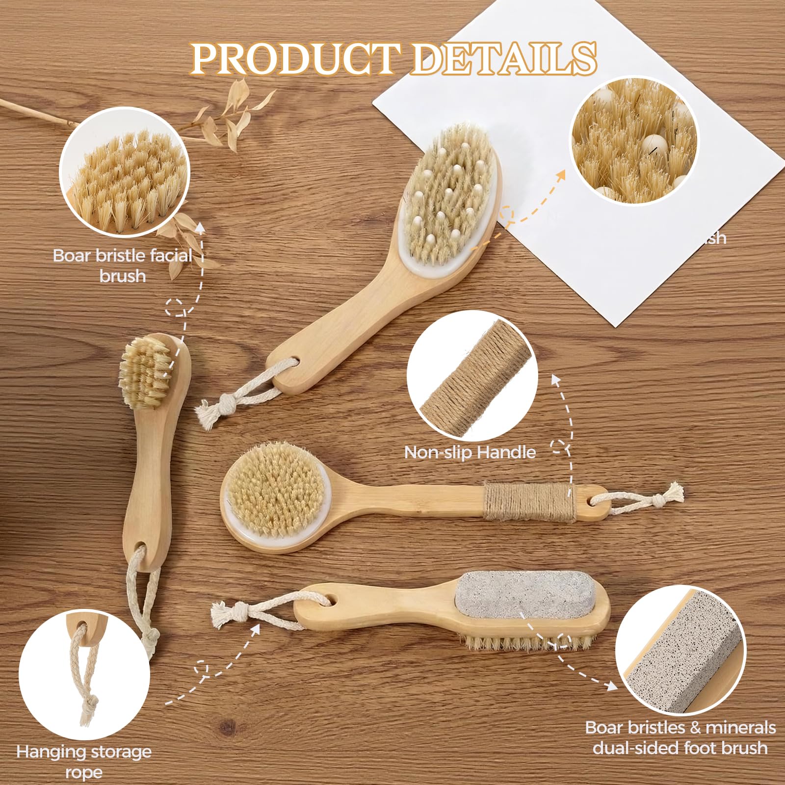 5 Packungen Trockenbürsten Körperbürsten-Set für Lymphdrainage, Cellulite-Massagegerät und Kopfhautpflege, Langer Griff Trockenbürste für Körper, Natürliche Wildschweinborsten Körperbürste
