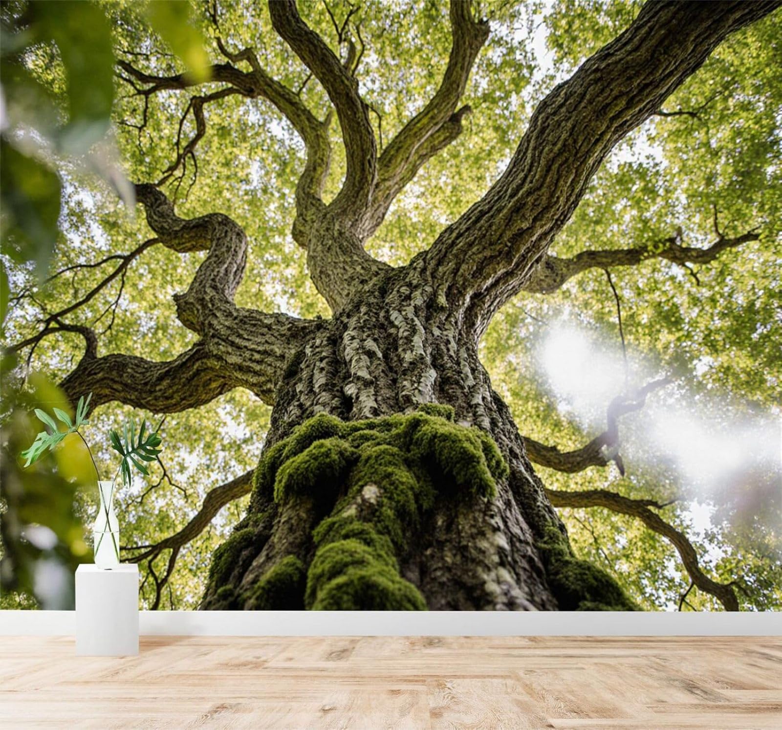 Xlming 400Cm×280Cm(B×H) Fresh Large Moss Covered Tree Trunk Sunlight Green Canopy 3D Wallpaper Premium Textured Silk Study Dining Living Room Bedroom Sofa Tv Wall Easy Install-400Cm×280Cm