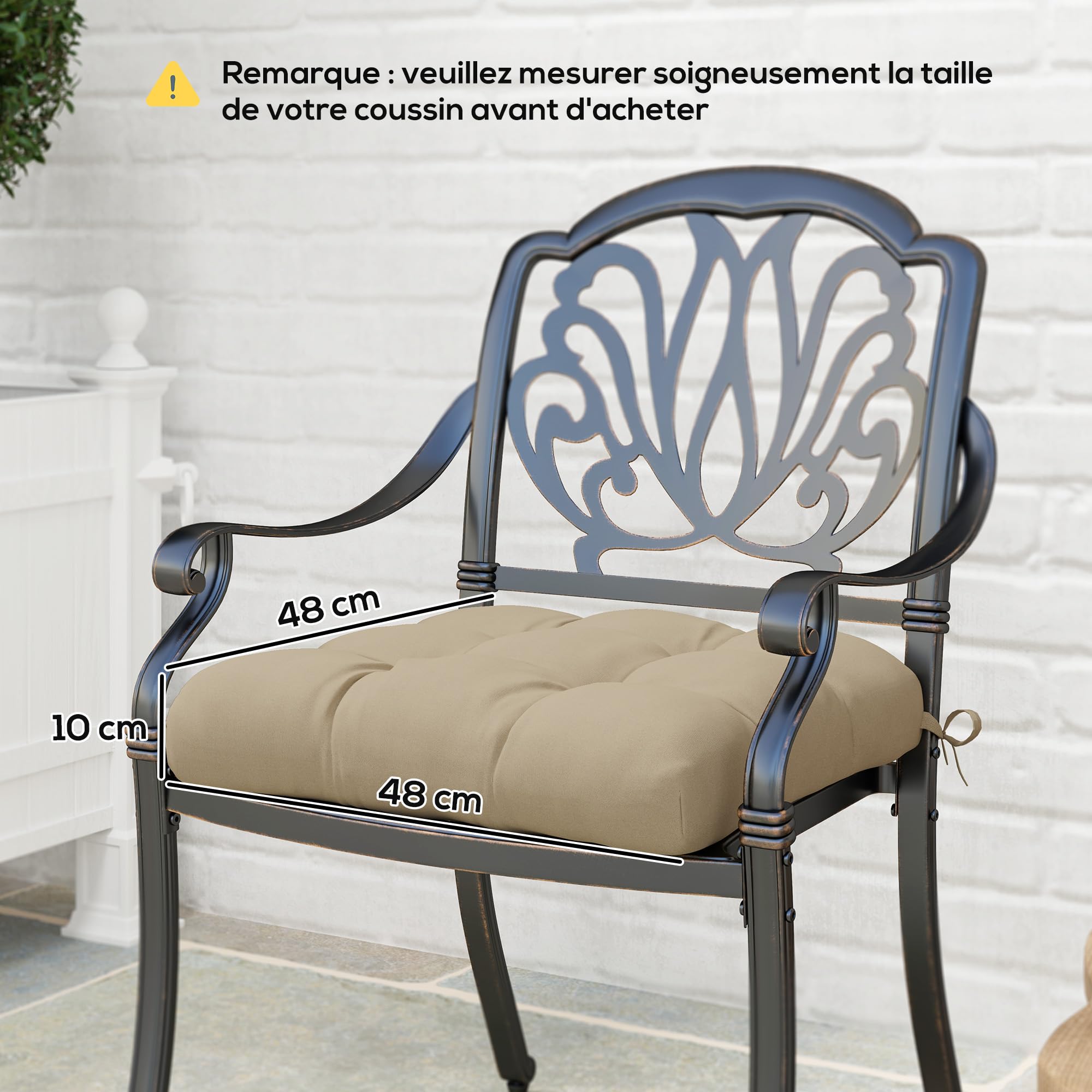 Outsunny Set di 4 cuscini per sedie da giardino, Cuscini imbottiti per esterni, imbottitura 10 cm con lacci, dim. 48L x 48l cm Khaki