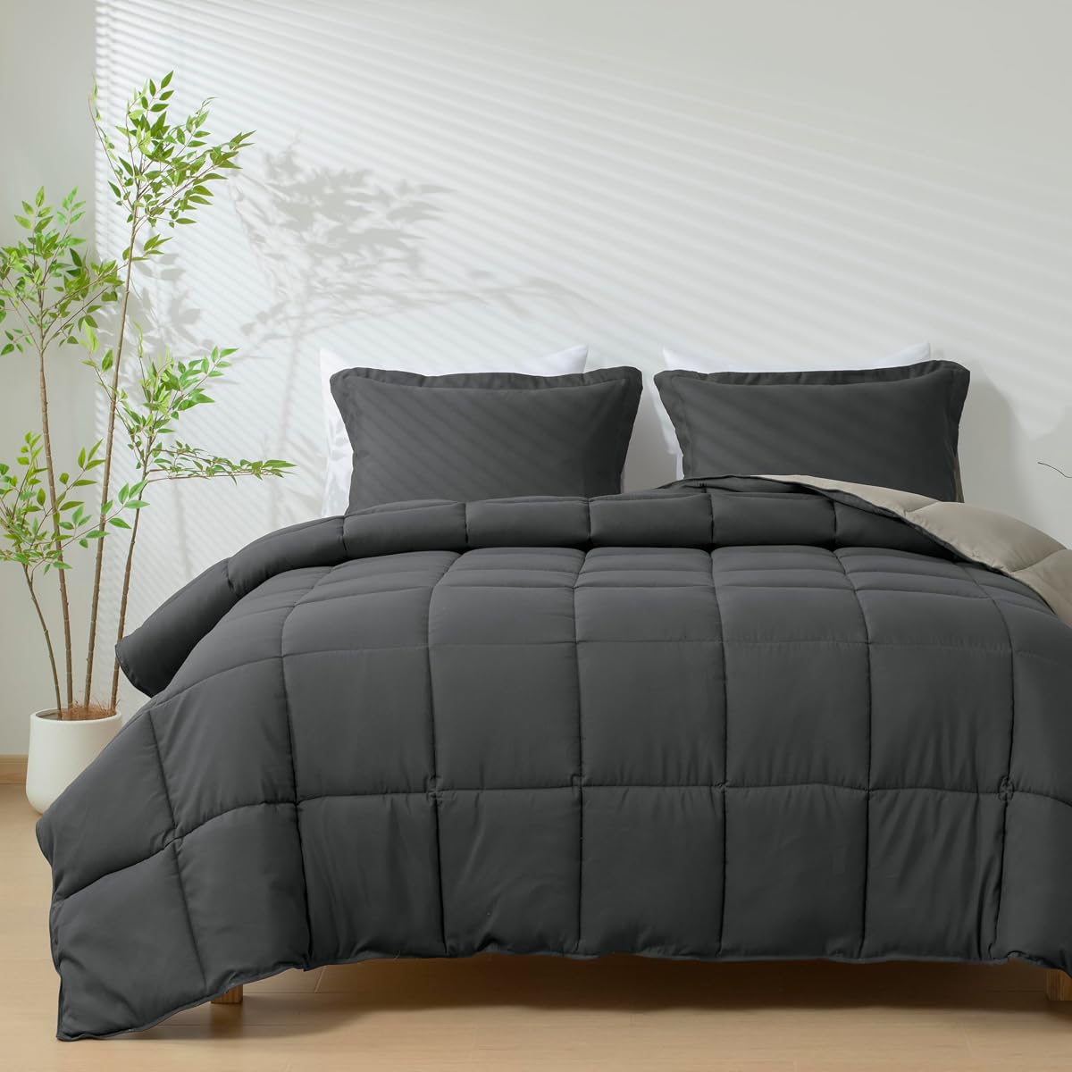 3pc Gray Queen Size Bedding Comforter Set Duvet Insert Blanket | All Season Use, Reversible, Lightweight, Box Stitched, 4 Corner Tabs, Breathable, Soft, Machine Washable