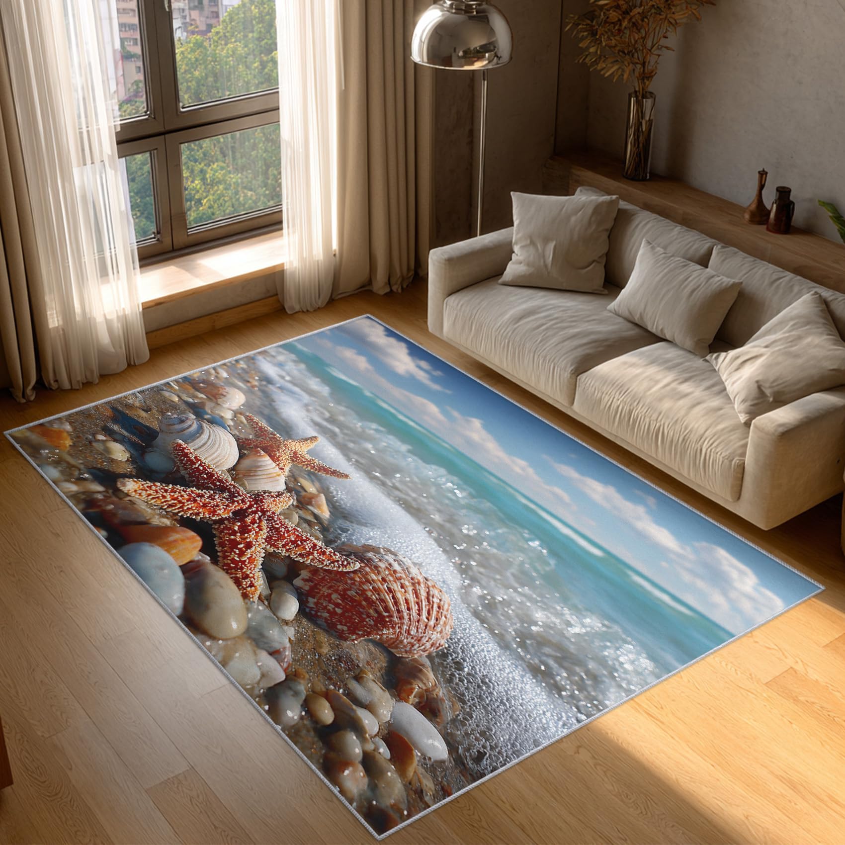 Tapis de salon coquillage et étoile de mer bord de mer antidérapant court 120x170cm