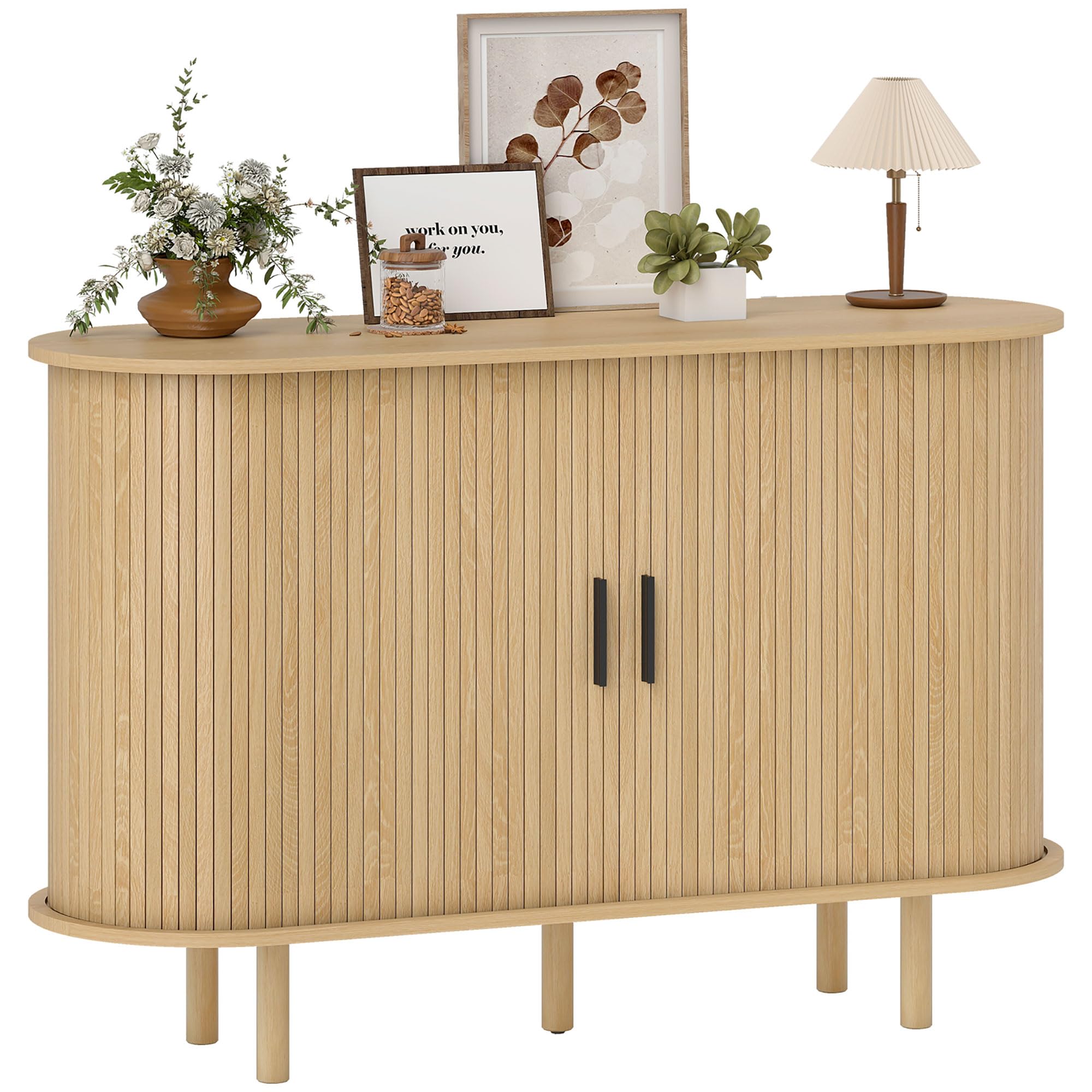HOMCOM Aparador con Puertas Tambour Deslizantes, Aparador para Salón Moderno, con 4 Compartimentos y Patas de Madera, para Cocina, Entrada, Dormitorio, Roble, 120x40x78 cm
