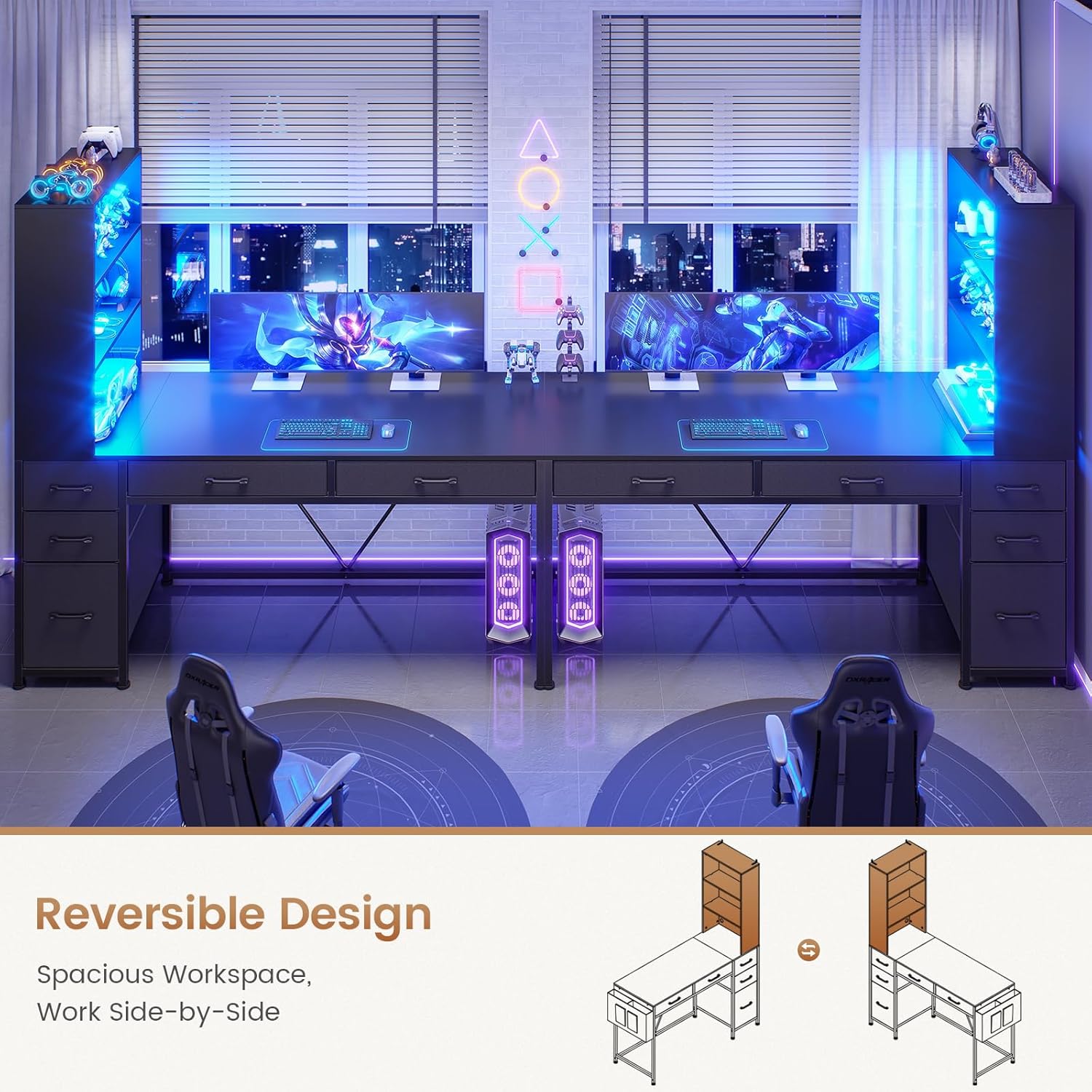 SEDETA Computer Gaming Desk with 5 Drawers and Bookshelf, Reversible Home Office Desk with Storage Shelves and File Drawer, Corner Desk with LED Lights for Small Spaces, Black