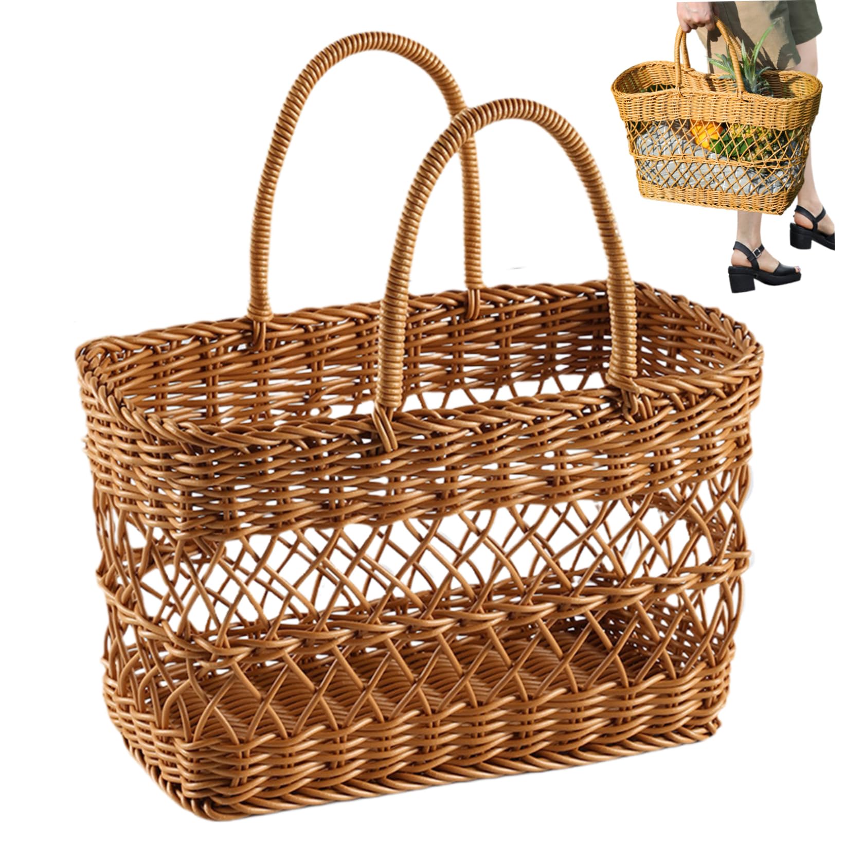 Picnic Basket Wicker Picnic Basket Hollow Out Bag Rattan Woven Harvest Hold Snacks, Fruits, Eggs for Camping, Outdoor