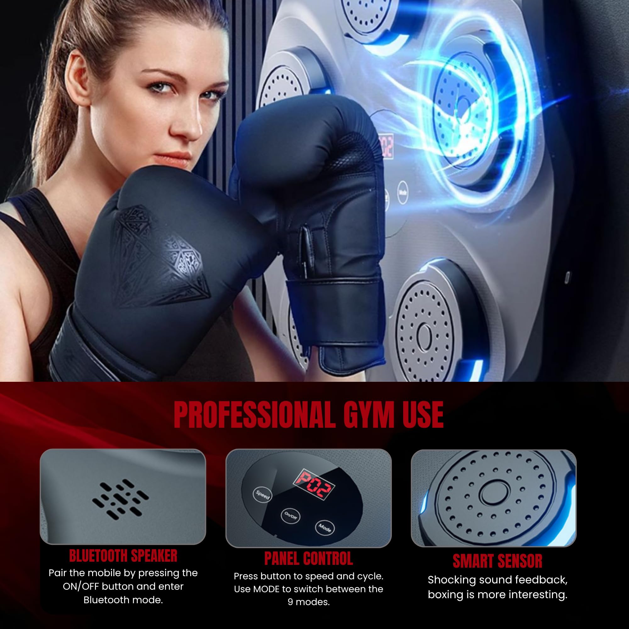 MAGIC SELECT Máquina de Boxeo Musical Equipo de Entrenamiento para Pared con LED, Guantes de Boxeo, Bluetooth y Luces al Ritmo de la Música. Maquina de Boxeo para Niños/Adultos. (9 Modos, 43x43 cm)