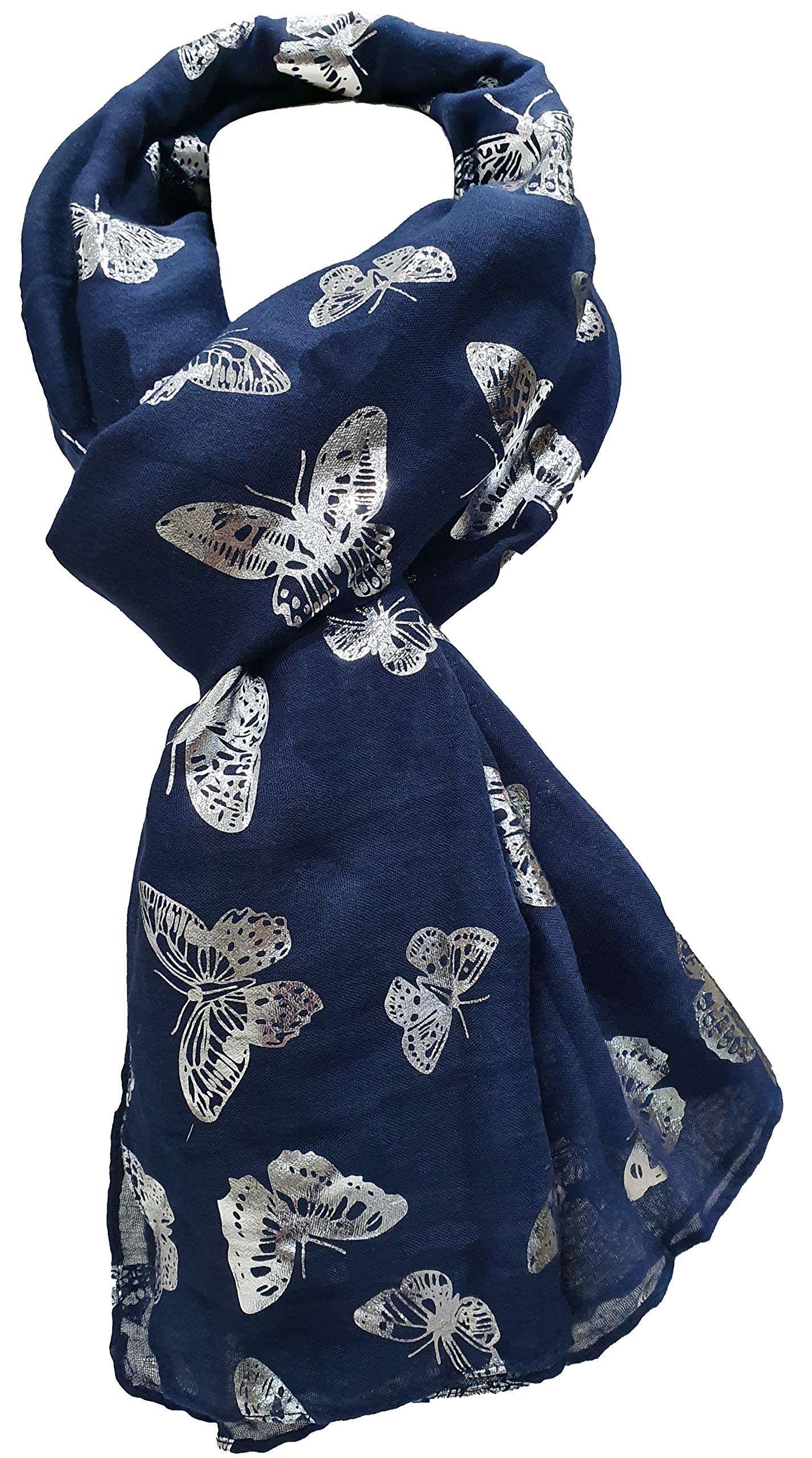 World Of Shawls Women's Navy Blue With Silver Foil Butterfly New Butterfly Print Celebrity Style Scarves Maxi, Scarf, Wrap, Sarong, Shawls (Navy Blue With Silver Foil Butterfly)