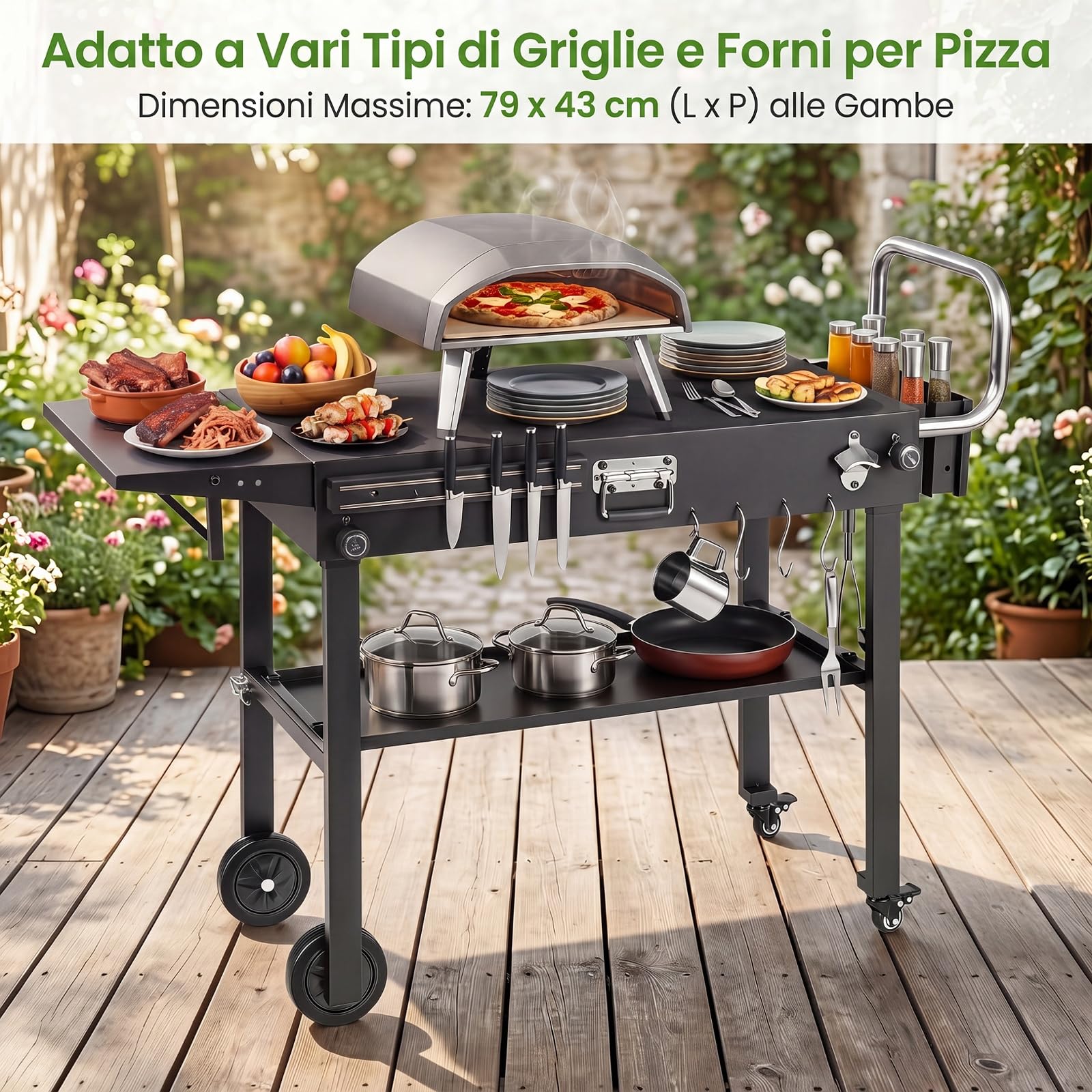 COSTWAY Carrello per Barbecue con 4 Ruote, per Festa e Campeggio | Carrello per Grill da Esterno con Portaspezie Apribottiglie Portautensili Magnetico e Ganci, Isola da Cucina, 118x43x88 cm
