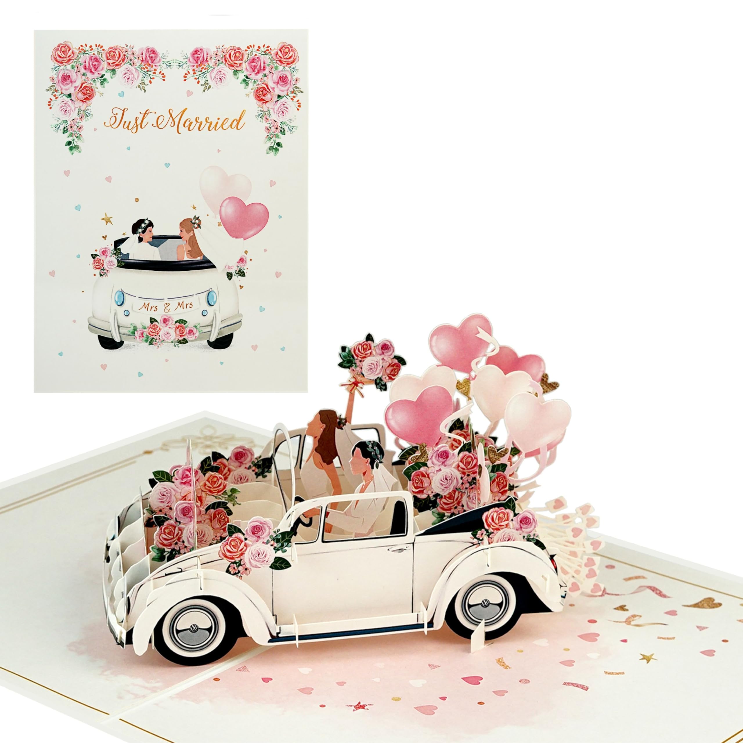 PQ Bees Wedding Car LGBT Lesbian Wedding Cards, Wedding Anniversary Card, Pop Up Wedding Gift for Wife, Her, Him, Husband 1st, 2nd, 5th, 10th, 25th,