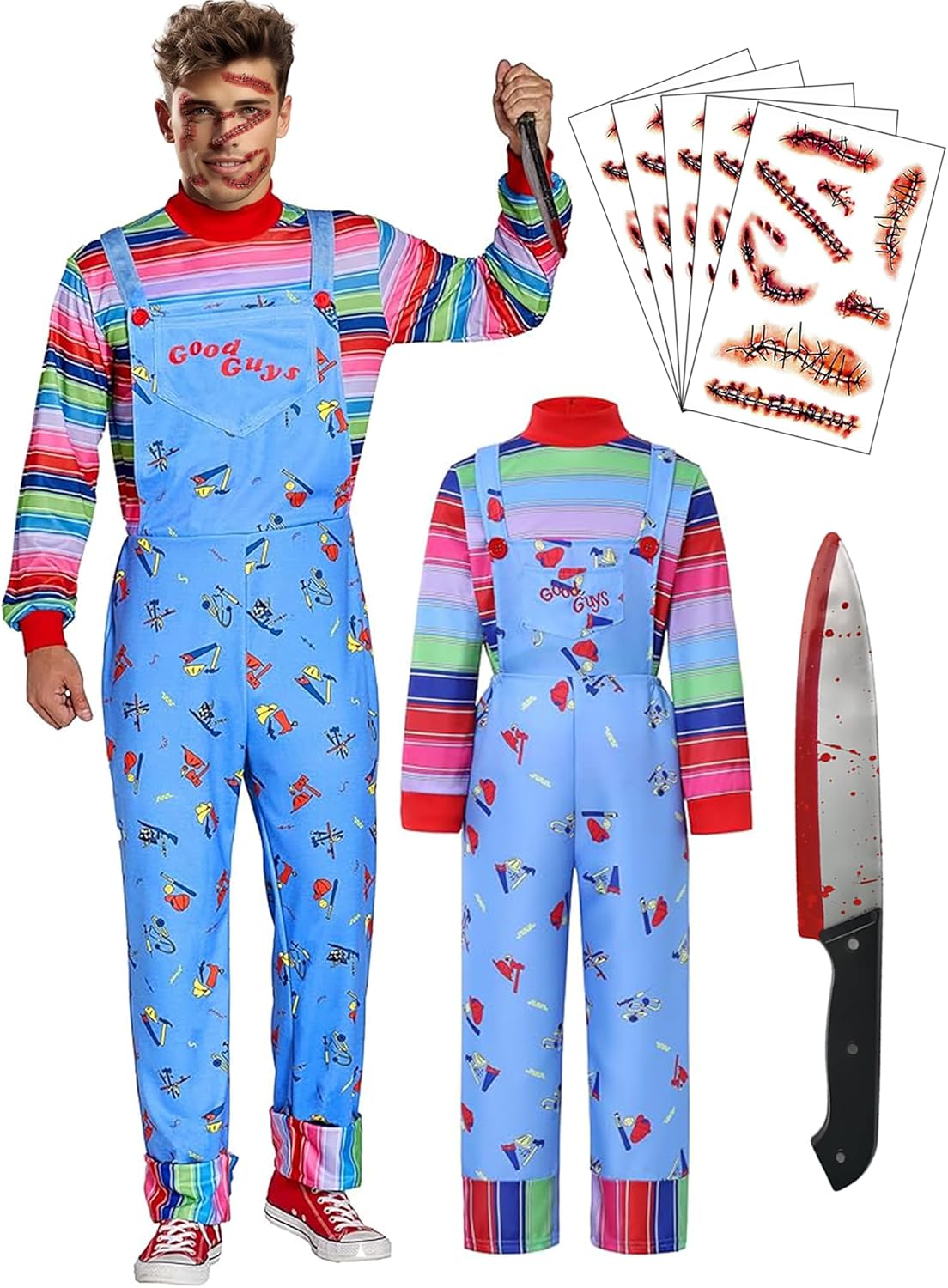 ?5 Sizes? Adult Halloween Costume Chucky Costume for Men Women Long Sleeve Overalls Prop Knife Toy Scar Tattoos M Size