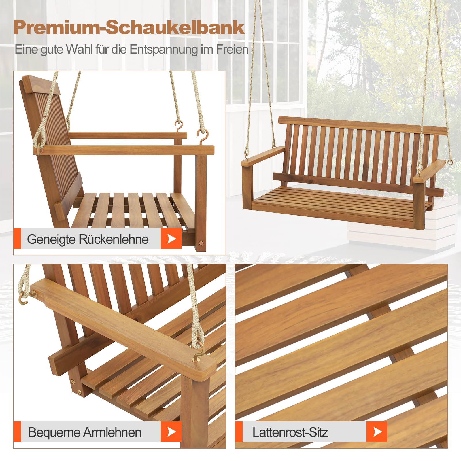 COSTWAY Hängebank Outdoor, 2-Sitzer Schaukelbank Holz