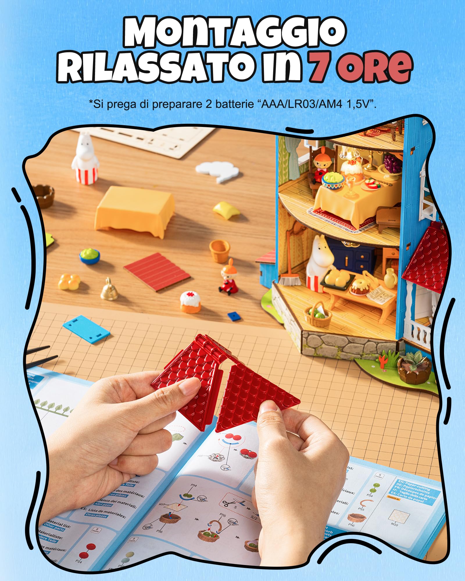 Rolife DIY Miniatura Casa delle Bambole Moominhouse 441 Pezzi | Puzzle 3D Legno Ufficiale Moomin, Casa Moomin a 4 Livelli con LED e 4 Statuine, Kit Fai da Te senza Colla, Regalo Adulti