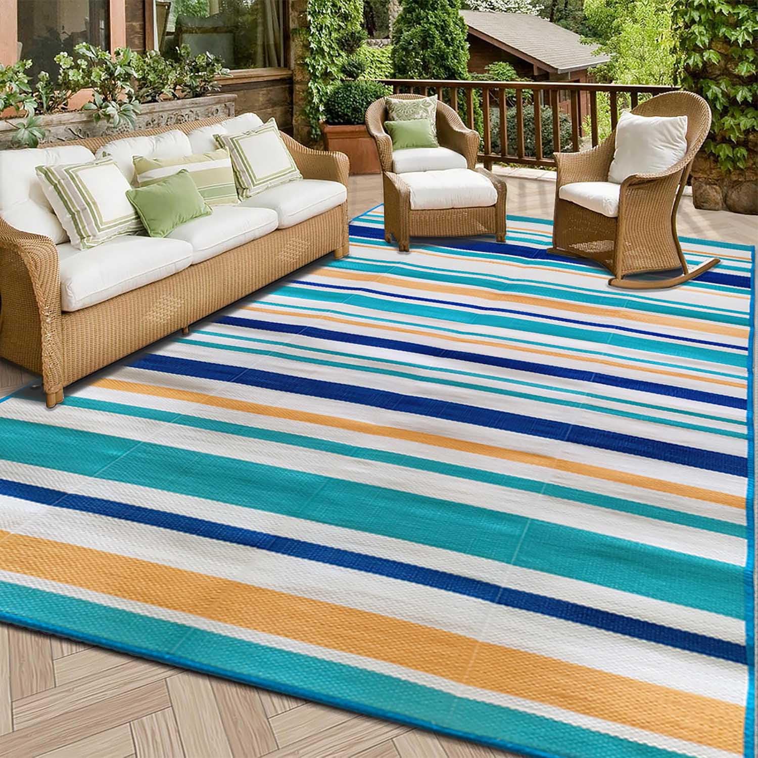 Tapis Extérieur Terrasse Rayés Moderne,120x180 Tapis de Sol Extérieur en Plastique Réversible,Tapis Extérieur Résistant à la Pluie Pliable pour Balcon Camping Pique-Nique (Bleu/Blanc/Orange)