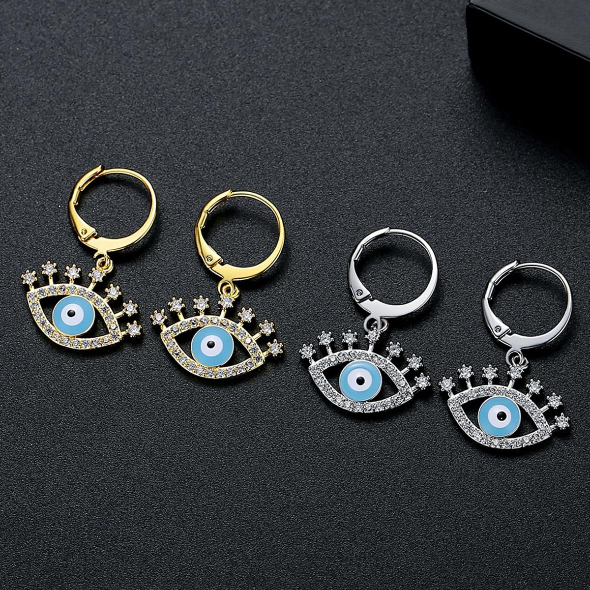 14K Gold Evil Eye Enamel Hoop and Drop Earrings with Moissanite for Women - Image 5