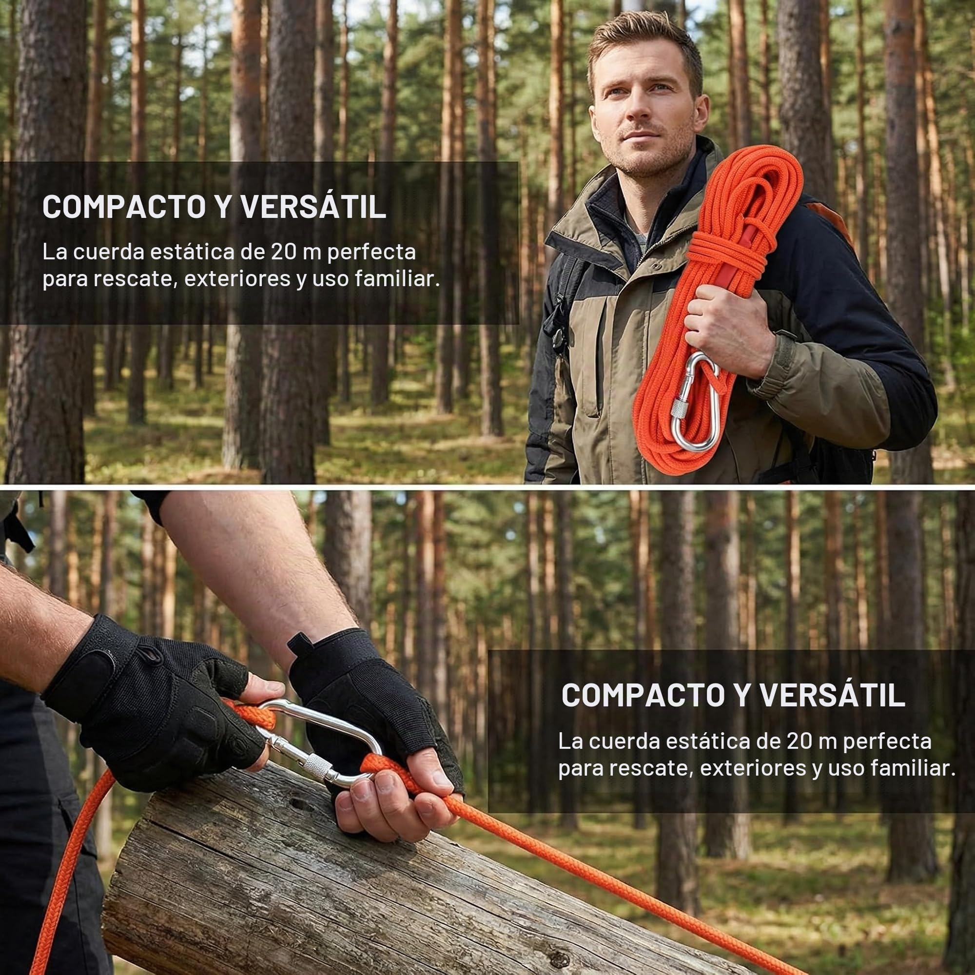 Cuerda de Escalada 20m*6mm Cuerda Auxiliar de Escalada Cuerda de Pesca con Mosquetón Cuerda para Senderismo Cuerda Multiusos para Escalada/Rescate y Deportes al Aire Libre/Camping - Naranja