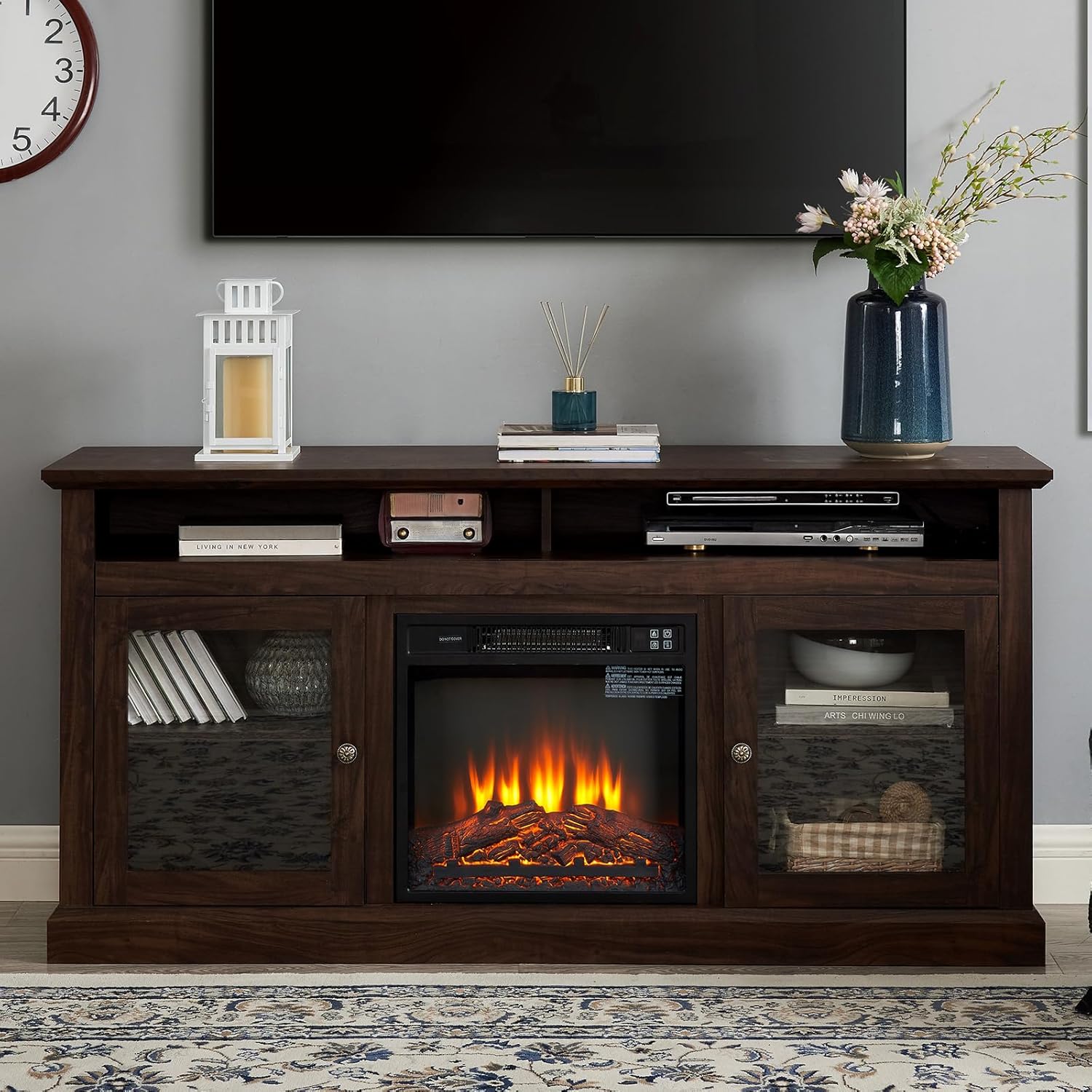 Electric Fireplace TV Stand, Classic Farmhouse TV Stand Fit up to 60" Flat Screen TV with Storage Cabinet and Open Shelves Industrial Entertainment Center for Living Room (Espresso)