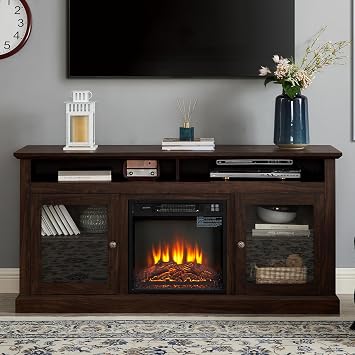 Electric Fireplace TV Stand for 65 Inch TV, Entertainment Center with Fireplace, Television Stands with Storage & Remote Control, Fire Place TV Stands for Living Room Brown - 18 Fireplace