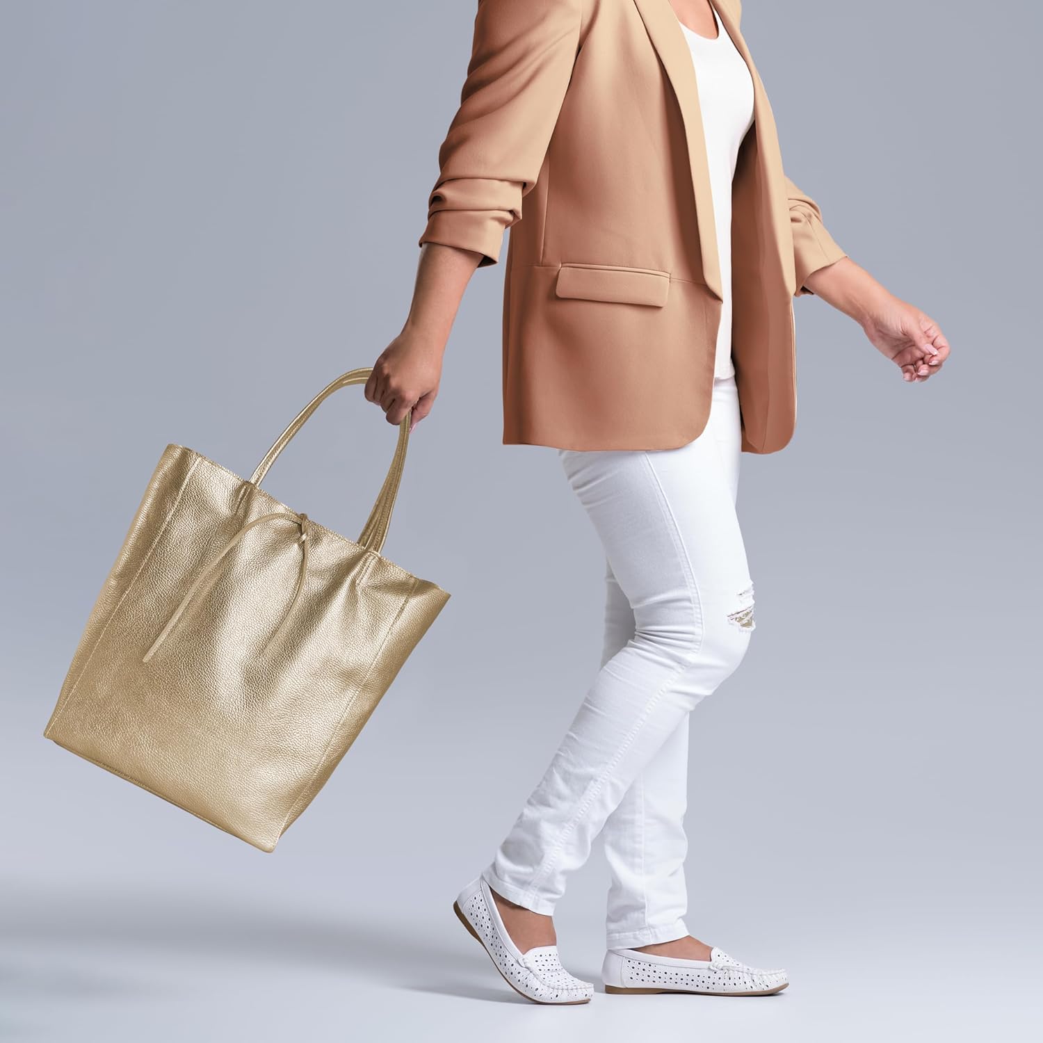 Italian Metallic Calf Leather Tote Bag for Women with Zipper, Inner Pocket & Flat Base | Soft Unlined Shopper Handbag - Image 3