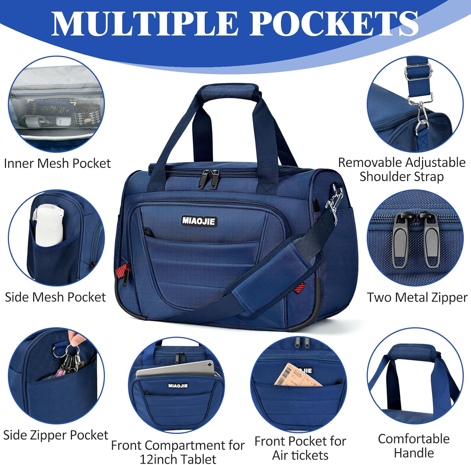 Underseat Carry On luggage Bag Airplanes Personal Item Bags Weekender Overnight Travel Tote Bag Shoulder Small Softside Carry on Luggage Travel Duffel Bags For Men Women -16 IN Navy Blue - Image 6