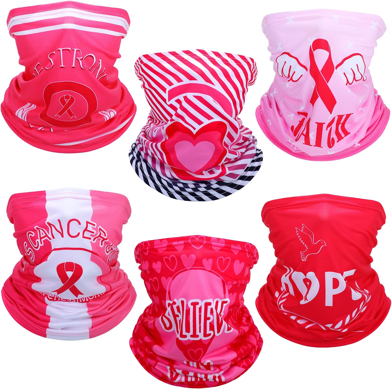 Locoowai6 Pieces Pink Breast Cancer Awareness Face Cover Neck Gaiter Headband Ice Silk Bandana Scarf Hope Pink Ribbon Scarf Balaclava for Women, average size
