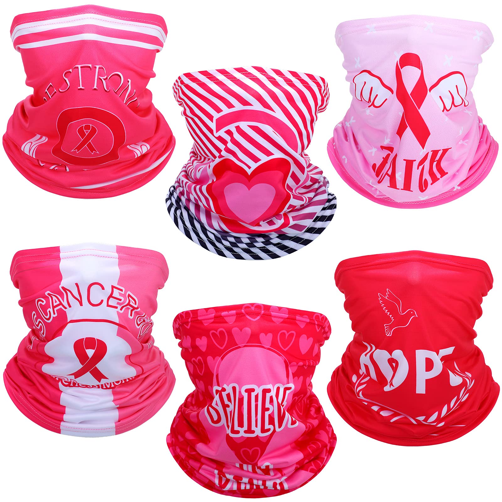 Locoowai6 Pieces Pink Breast Cancer Awareness Face Cover Neck Gaiter Headband Ice Silk Bandana Scarf Hope Pink Ribbon Scarf Balaclava for Women, average size
