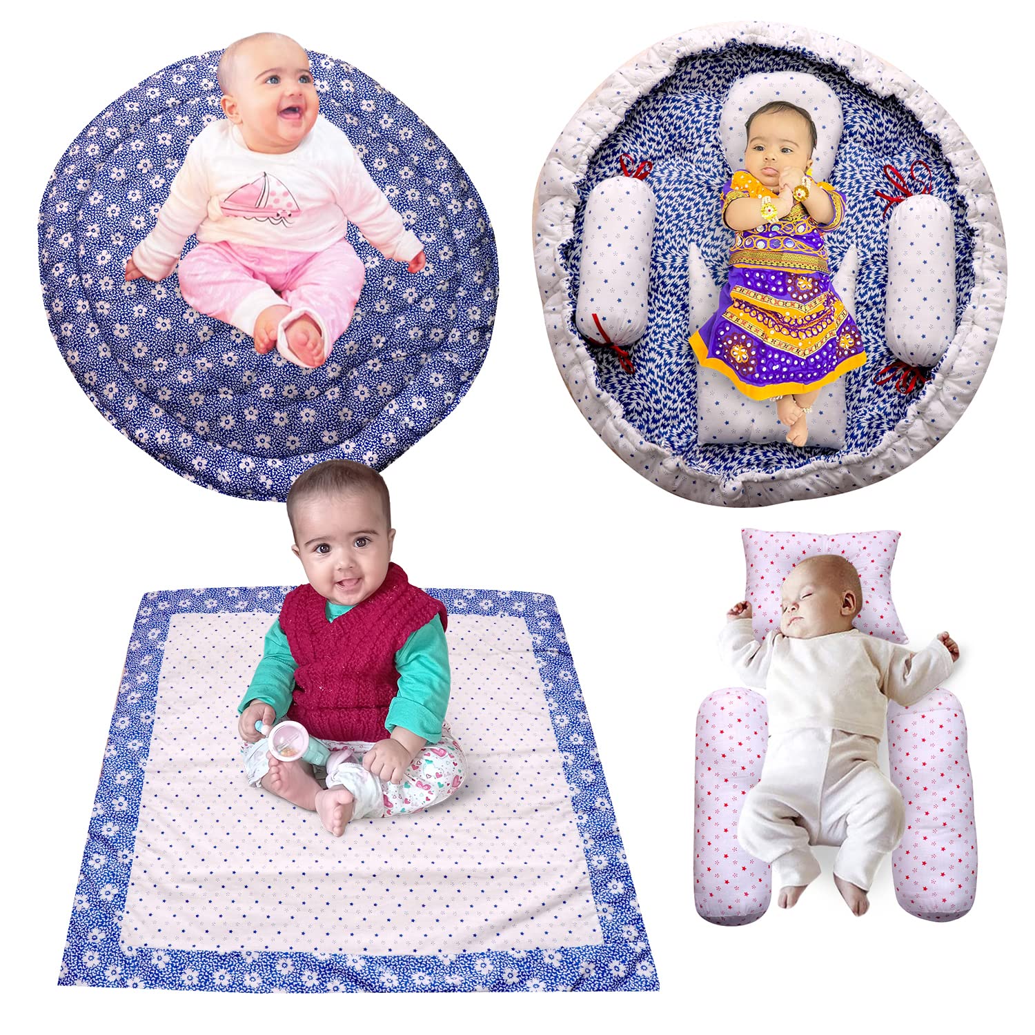 creative textiles New Born Baby Bed & Sleeping Combo 4 Gift Set (Blue Flower Printed )-013