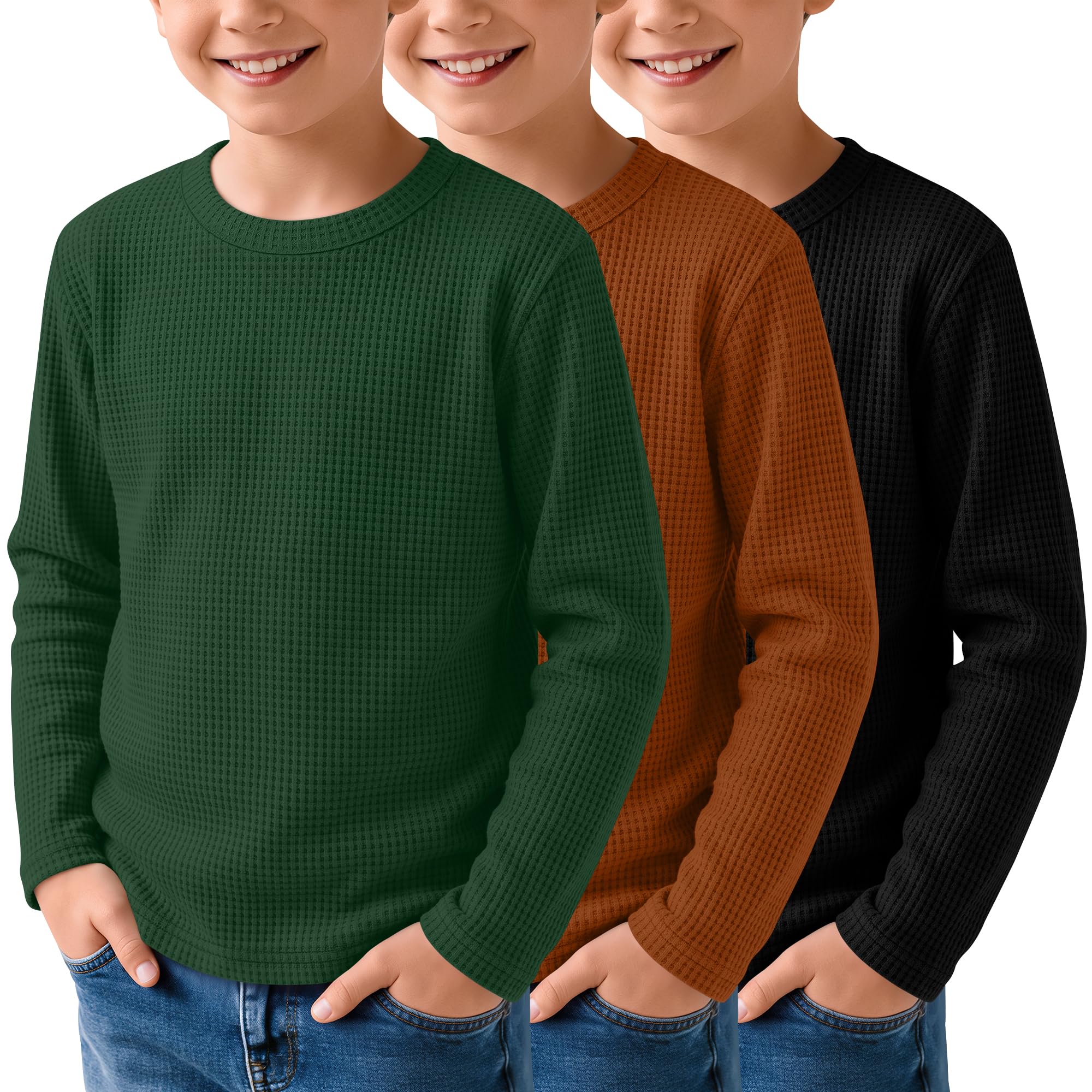 3 Pack Boys Waffle Shirts Kid Long Sleeve Warm Tops