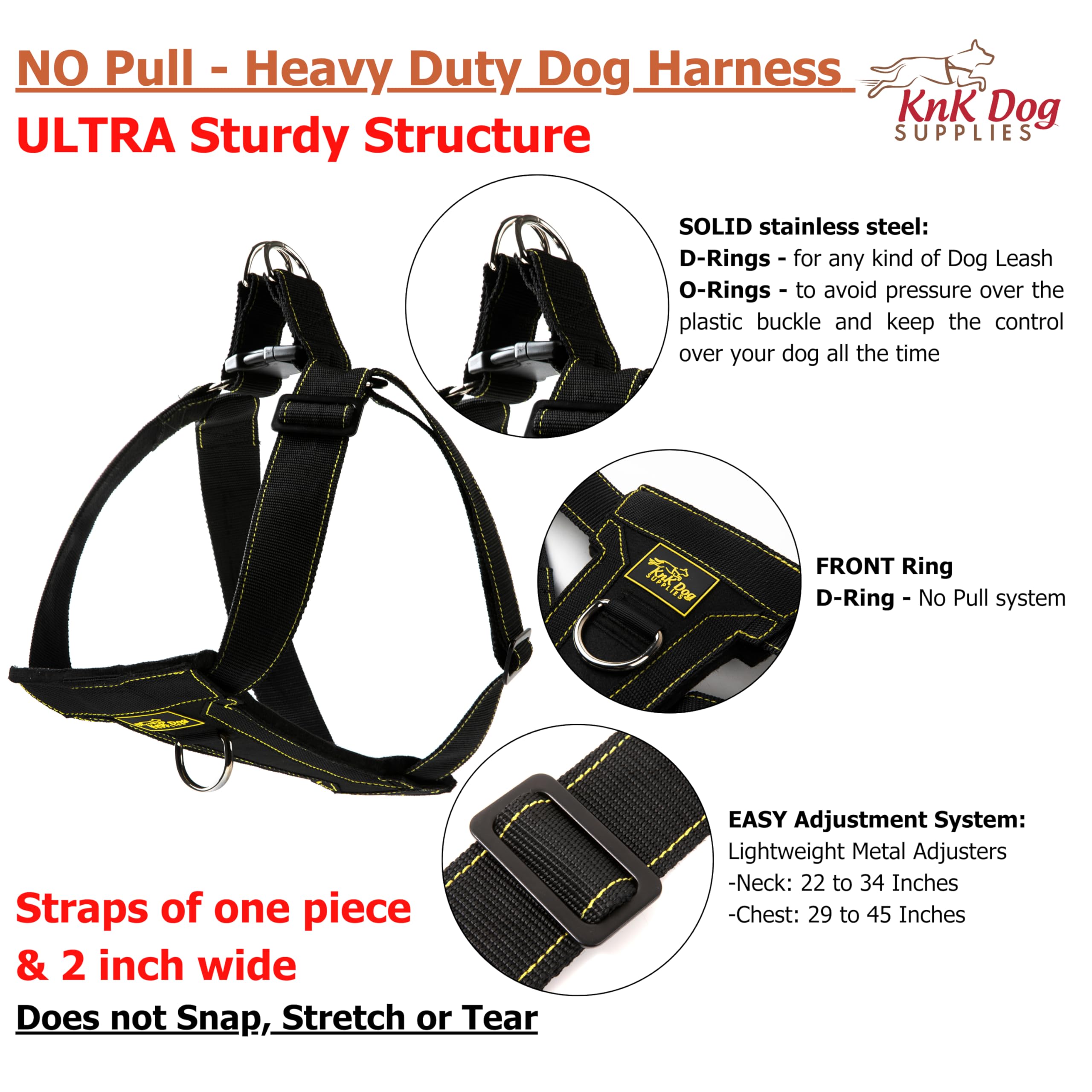 KNK Arnés resistente para perro sin tirones con clip frontal para perros medianos, grandes y extragrandes, ajustable, duradero, grueso, resistente, clips de metal y arnés de entrenamiento acolchado