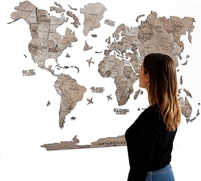 Handmade 3D Wood World Map Wall Art Large Wall Decor Track Your World Travels - Special for Home, Kitchen and Office Medium, Terra