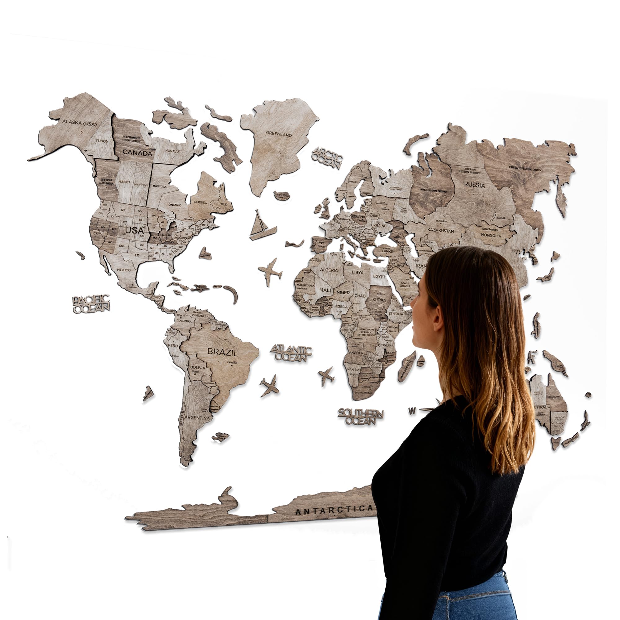 Handmade 3D Wood World Map Wall Art Large Wall Decor Track Your World Travels - Special for Home, Kitchen and Office (X-Large, Terra)
