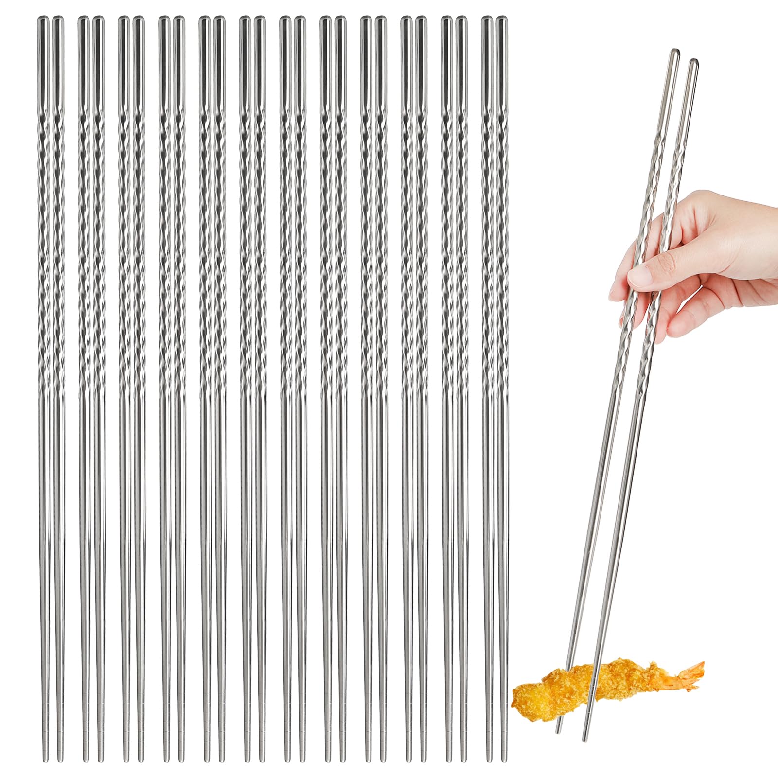 Hiceeden 12 Pairs 15 Inches Extra Long Cooking Chopsticks, Stainless Steel Reusable Frying Chopsticks, Metal Japanese Korean Chinese Hotpot Chopsticks with Anti-Slip Threaded for Noodles, Silver