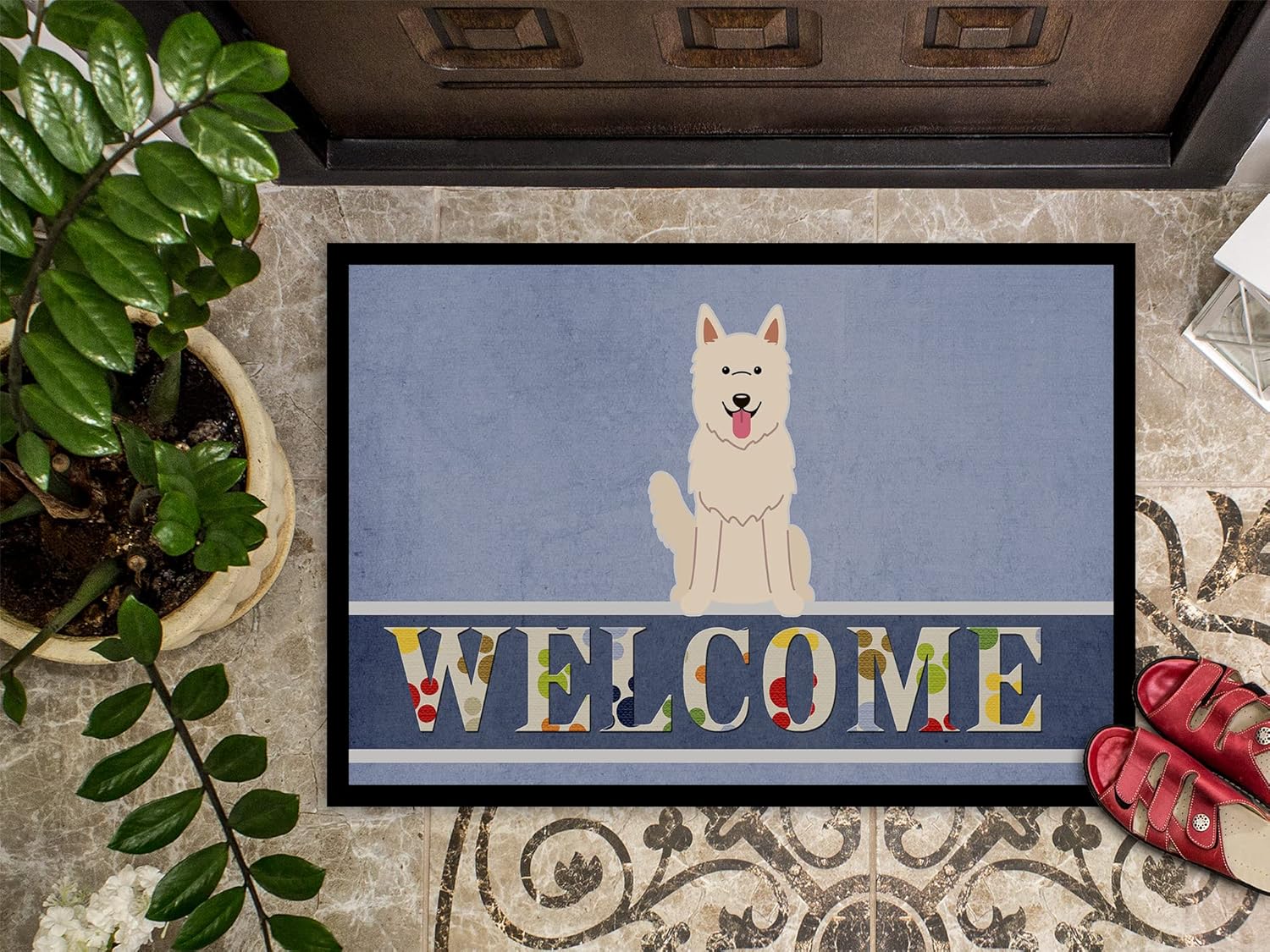 Caroline's Treasures BB5626MAT White German Shepherd Welcome Doormat 18x27 Front Door Mat Indoor Outdoor Rugs for Entryway, Non Slip Washable Low Pile, 18H X 27W