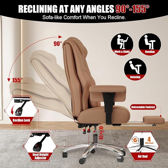 600lbs Big and Tall Office Chair, Wide Ergonomic Leather Executive Chair for Heavy People with Foot Rest, High-Back Reclining Computer Chair with Swivel Wheels and Lumbar Support (Brown)